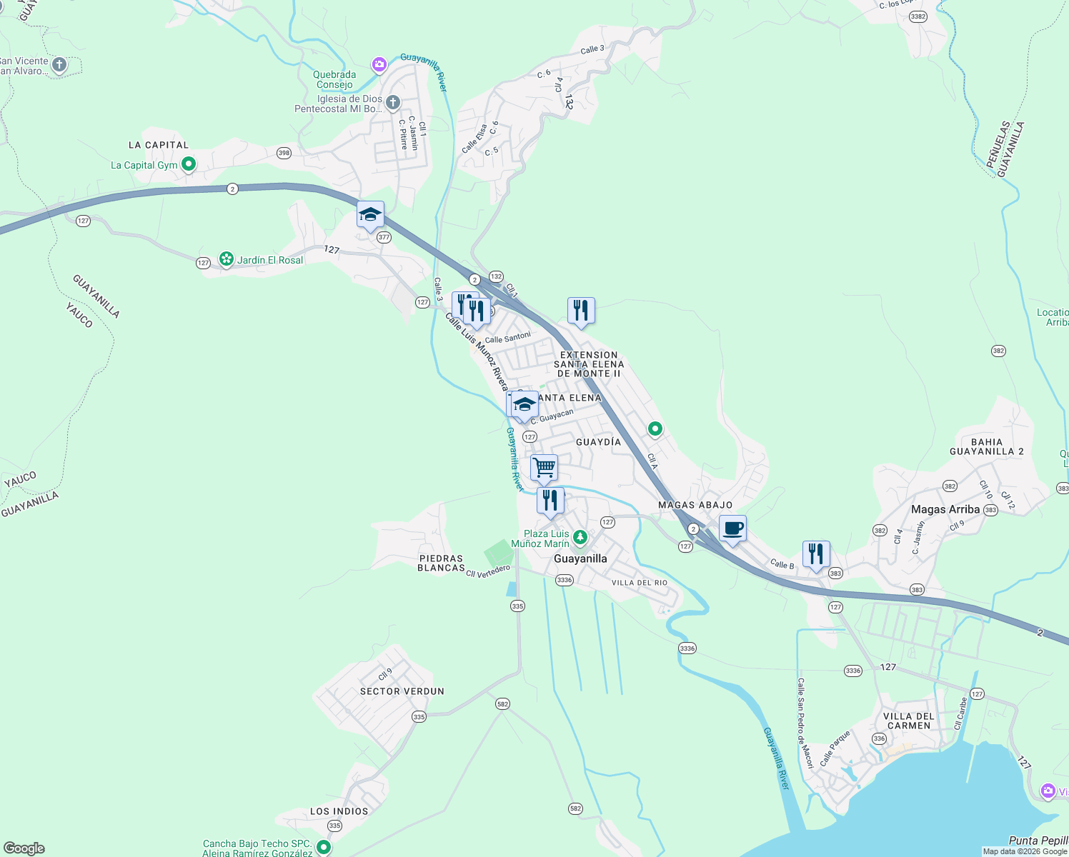 map of restaurants, bars, coffee shops, grocery stores, and more near 109-115 Calle Luis Munoz Rivera in Guayanilla