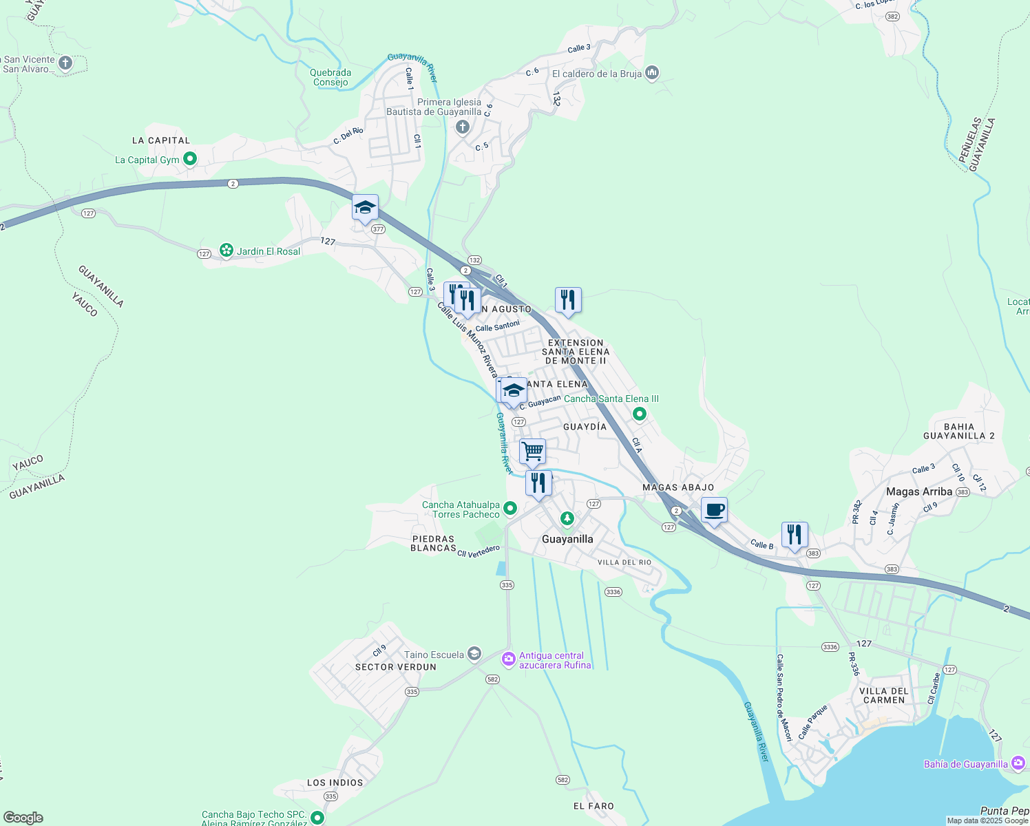 map of restaurants, bars, coffee shops, grocery stores, and more near 129 Calle Luis Munoz Rivera in Guayanilla