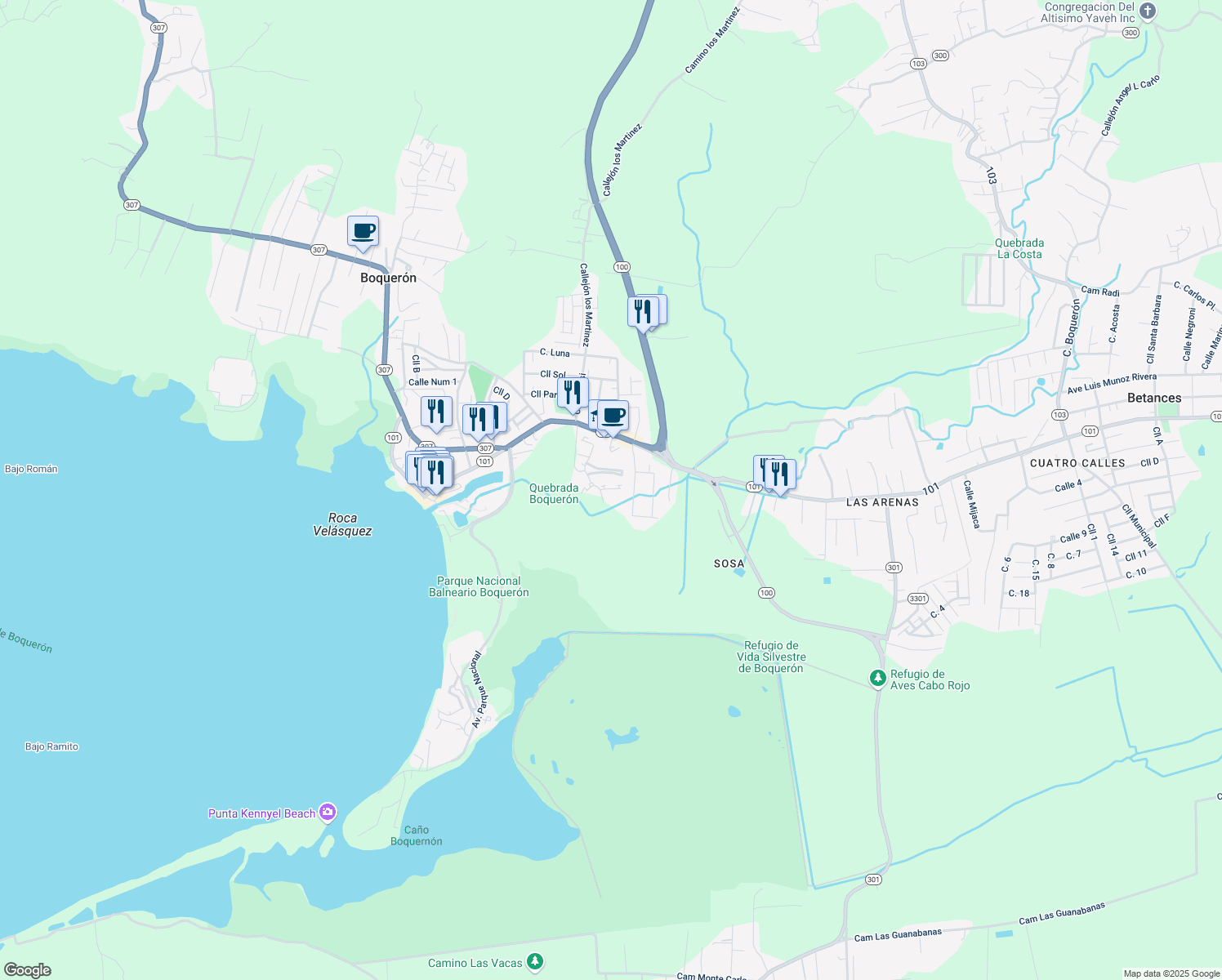 map of restaurants, bars, coffee shops, grocery stores, and more near Puerto Rico 101 in Boquerón