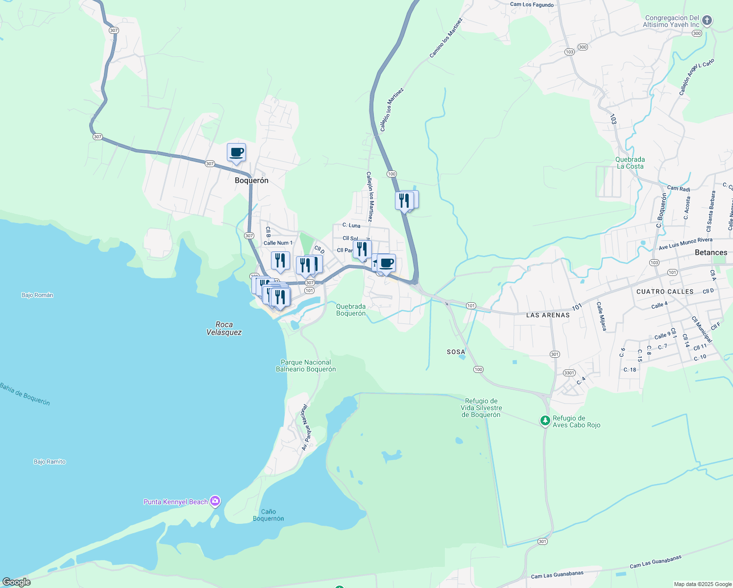 map of restaurants, bars, coffee shops, grocery stores, and more near Puerto Rico 101 in Boquerón