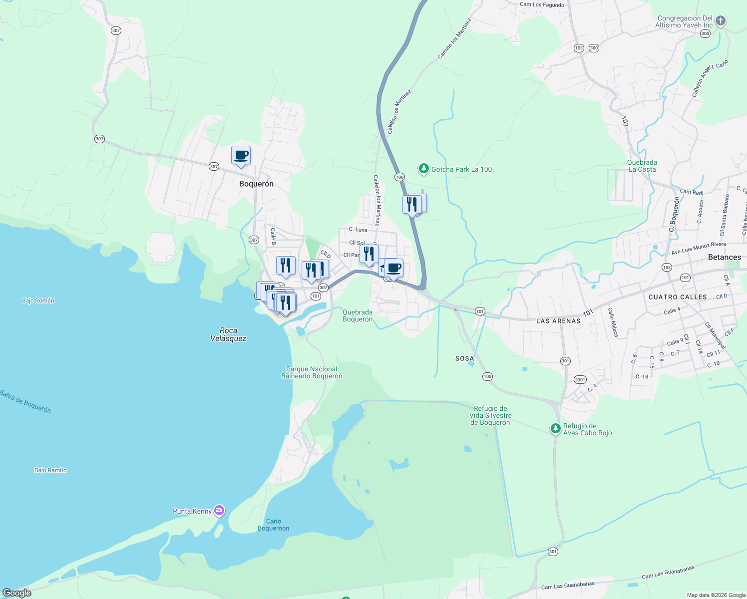 map of restaurants, bars, coffee shops, grocery stores, and more near Puerto Rico 101 in Boquerón