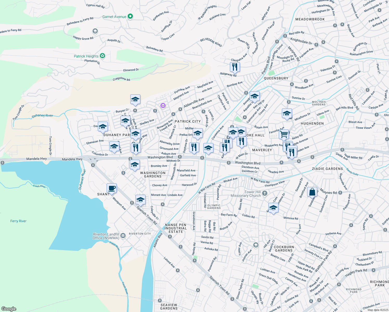map of restaurants, bars, coffee shops, grocery stores, and more near Patrick Drive in Kingston