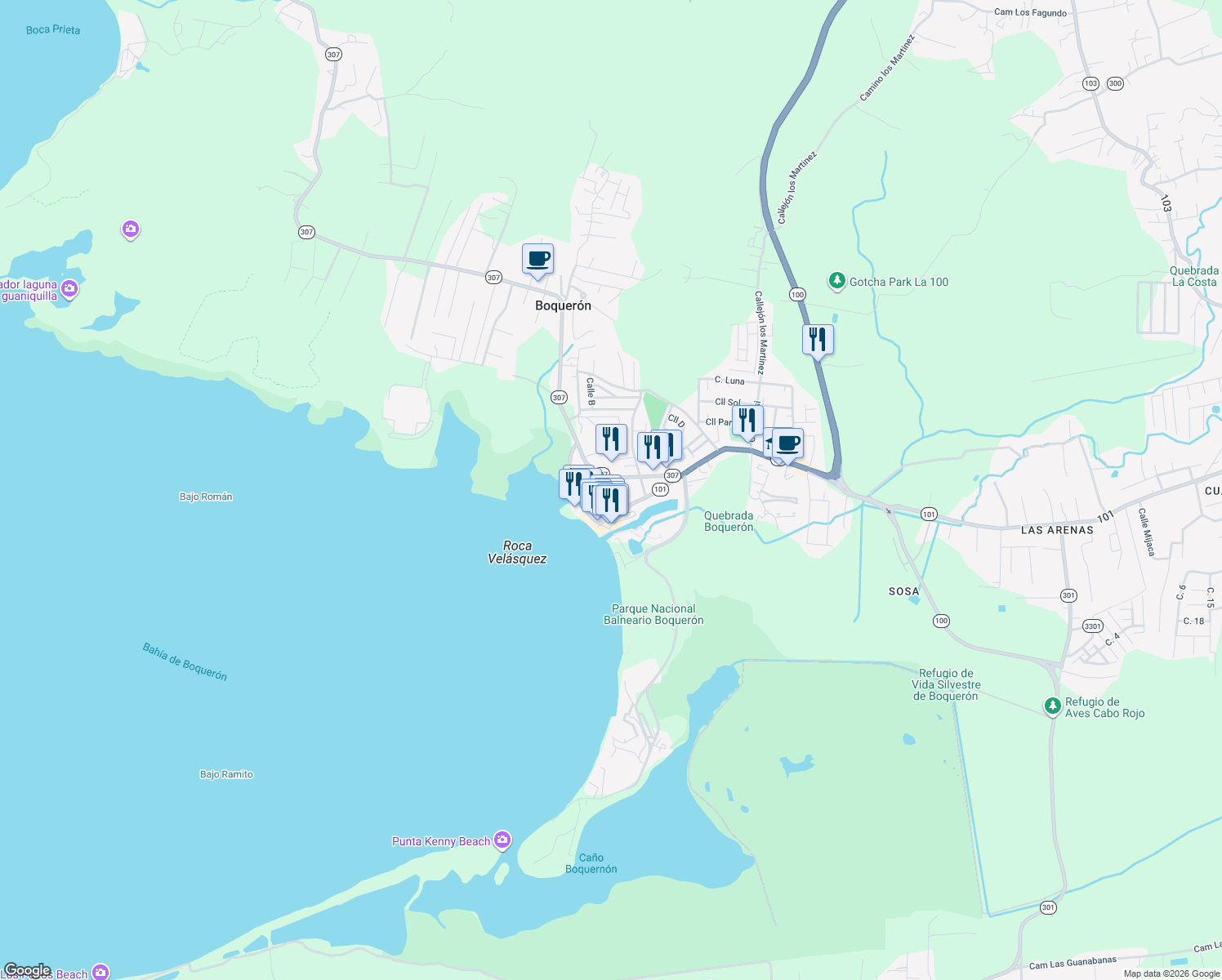 map of restaurants, bars, coffee shops, grocery stores, and more near in Boquerón