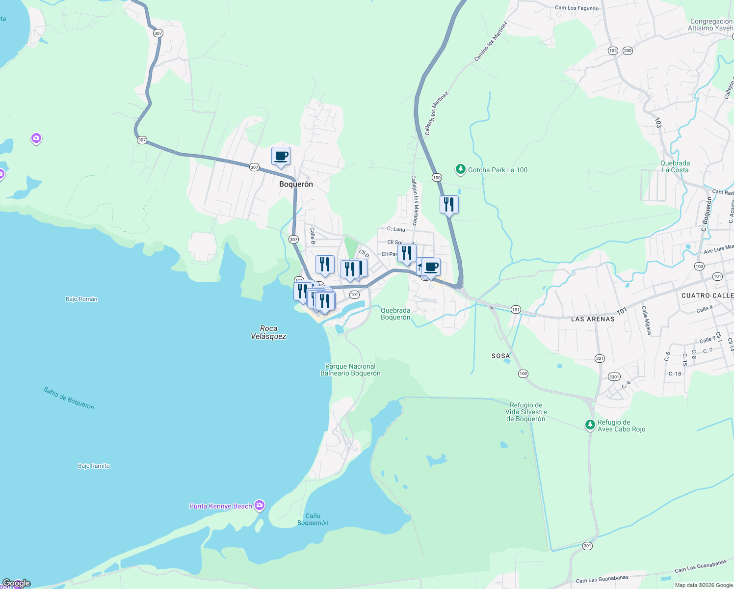 map of restaurants, bars, coffee shops, grocery stores, and more near 101 Highway 101 in Cabo Rojo