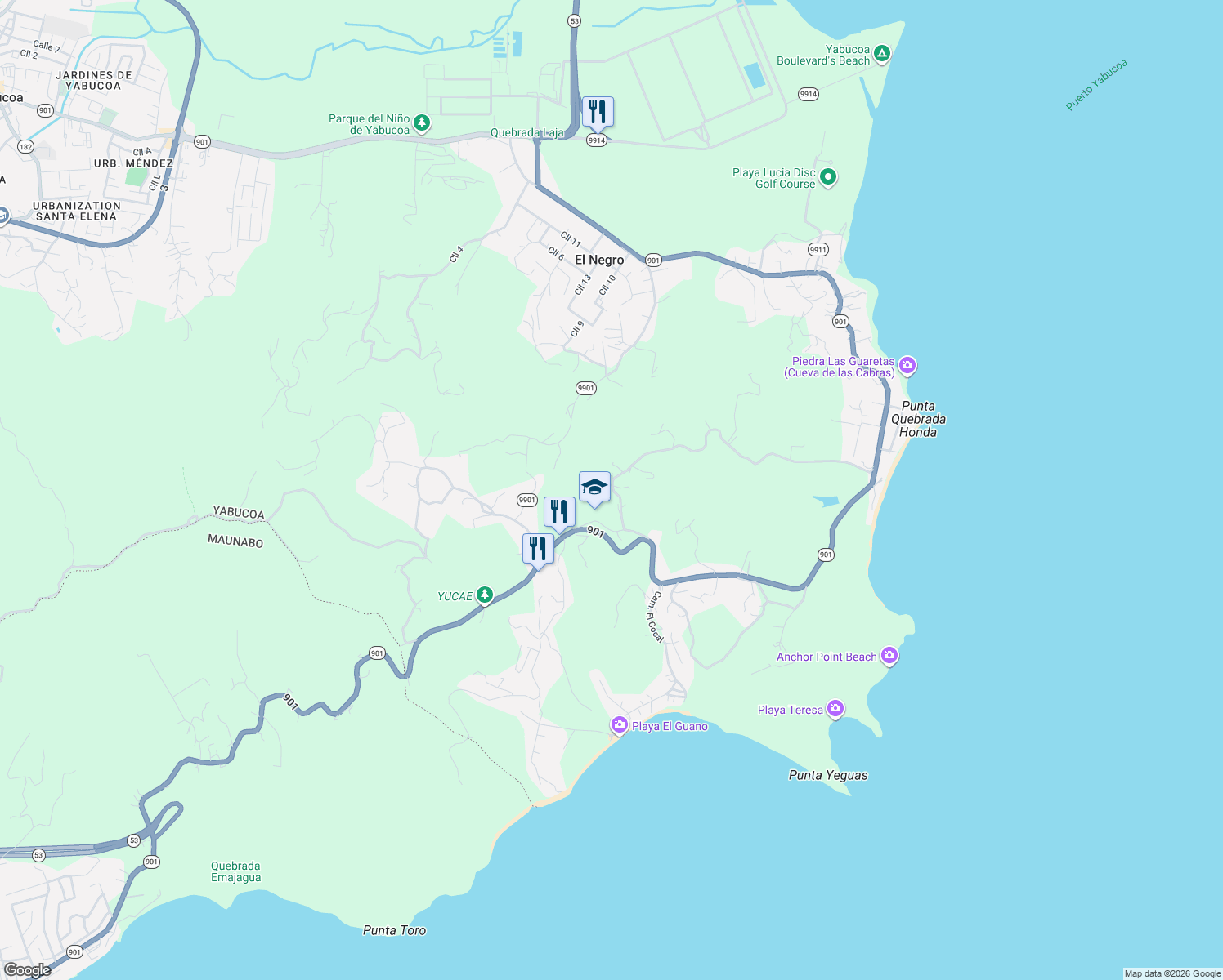 map of restaurants, bars, coffee shops, grocery stores, and more near in Camino Nuevo