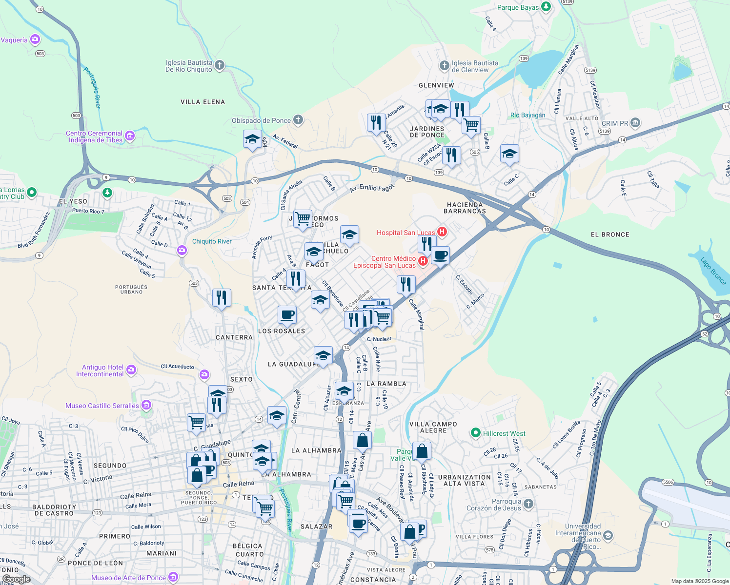 map of restaurants, bars, coffee shops, grocery stores, and more near 383 Calle Covadonga in Ponce