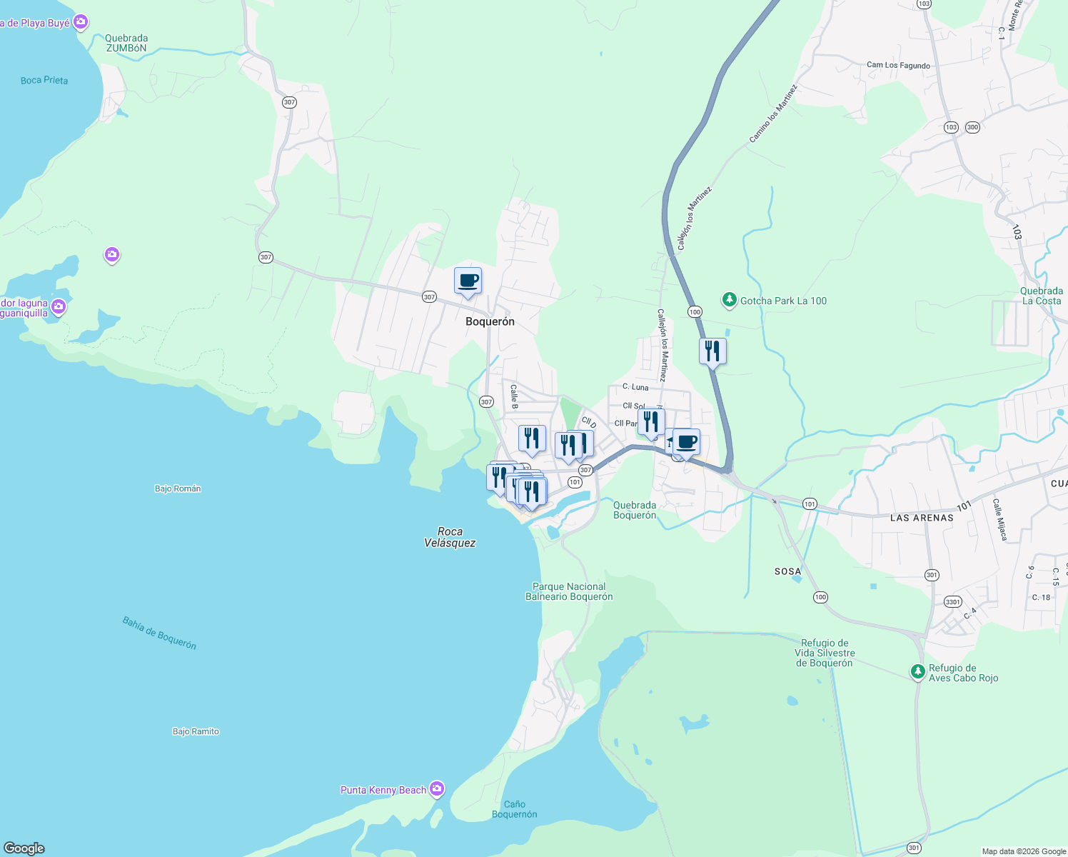 map of restaurants, bars, coffee shops, grocery stores, and more near Unnamed Road in Cabo Rojo