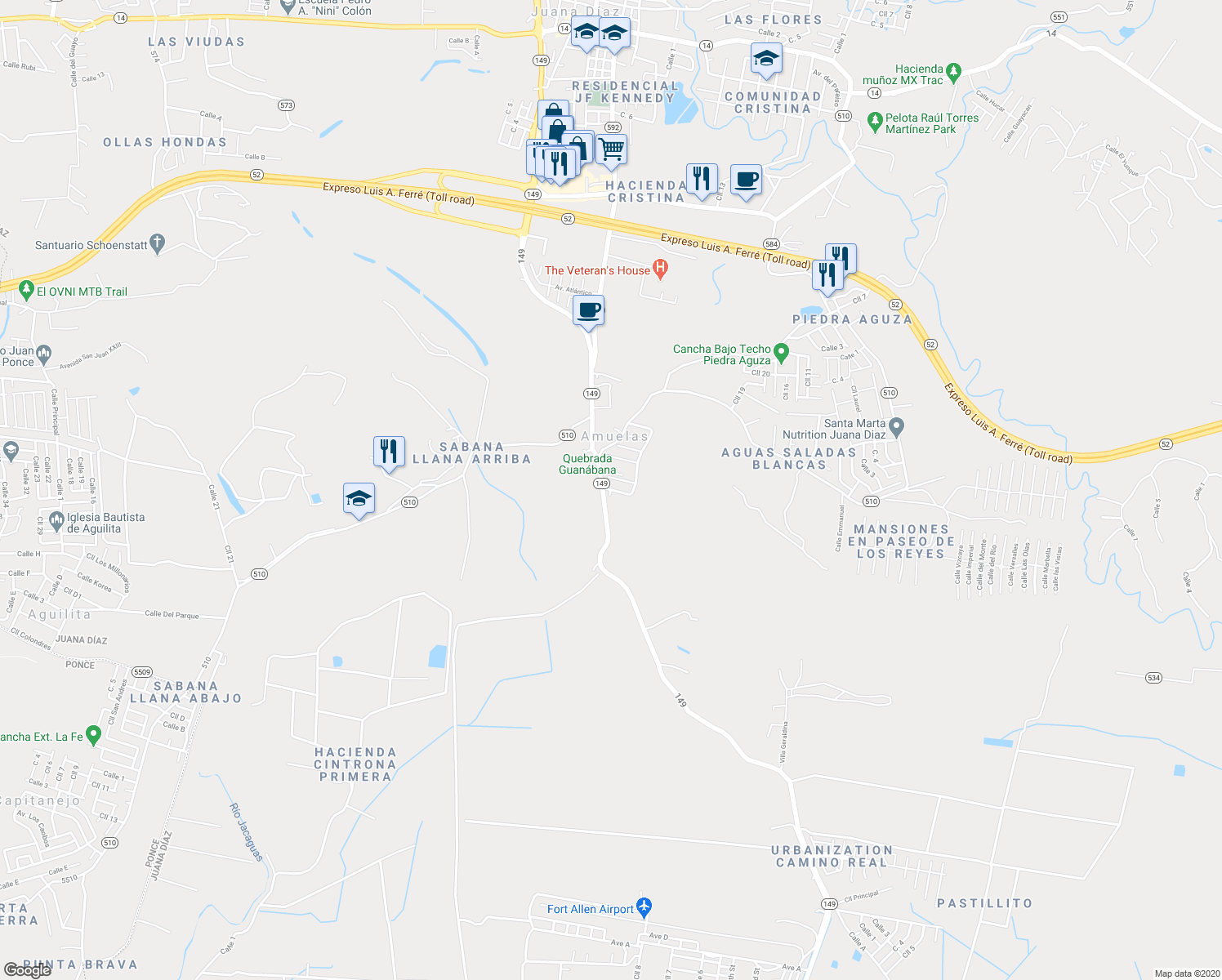 map of restaurants, bars, coffee shops, grocery stores, and more near Calle Armando Collazo Santos in Juana Díaz