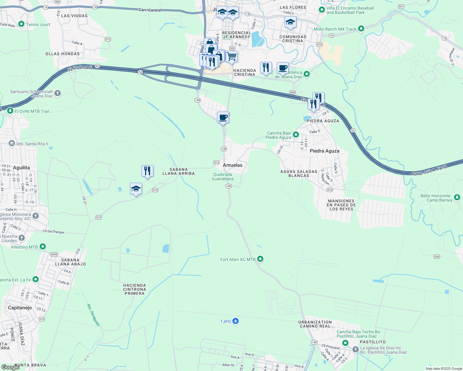 map of restaurants, bars, coffee shops, grocery stores, and more near Calle Armando Collazo Santos in Juana Díaz