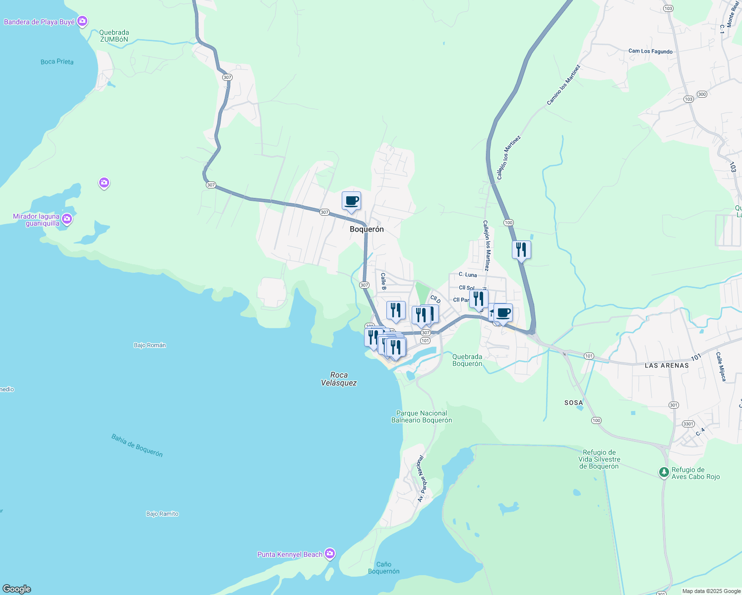 map of restaurants, bars, coffee shops, grocery stores, and more near Calle El Retiro in Cabo Rojo