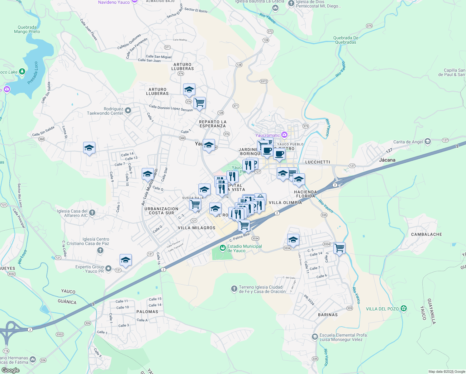 map of restaurants, bars, coffee shops, grocery stores, and more near Calle 25 de Julio in Yauco