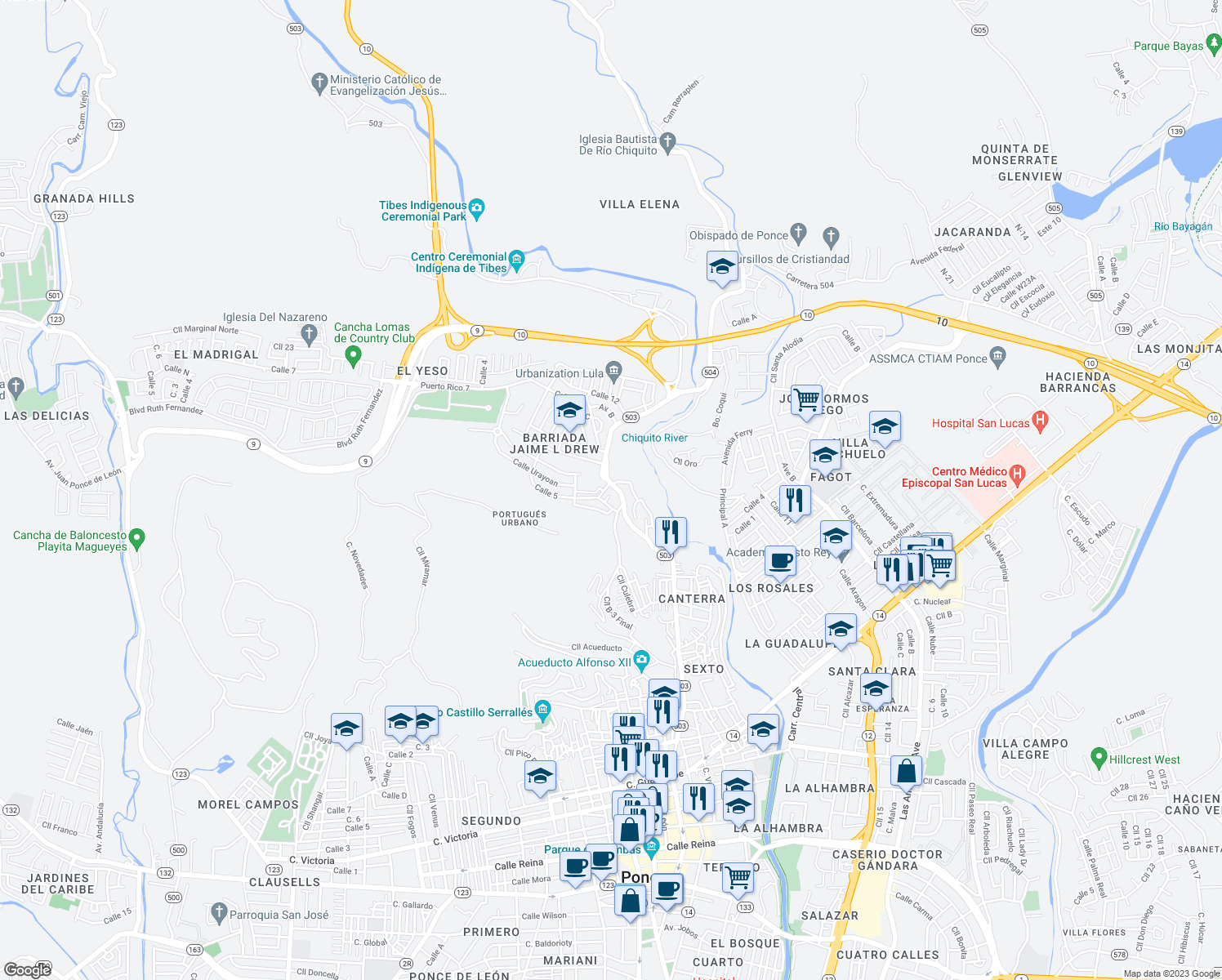 map of restaurants, bars, coffee shops, grocery stores, and more near #502 Extension El Yeso in Ponce