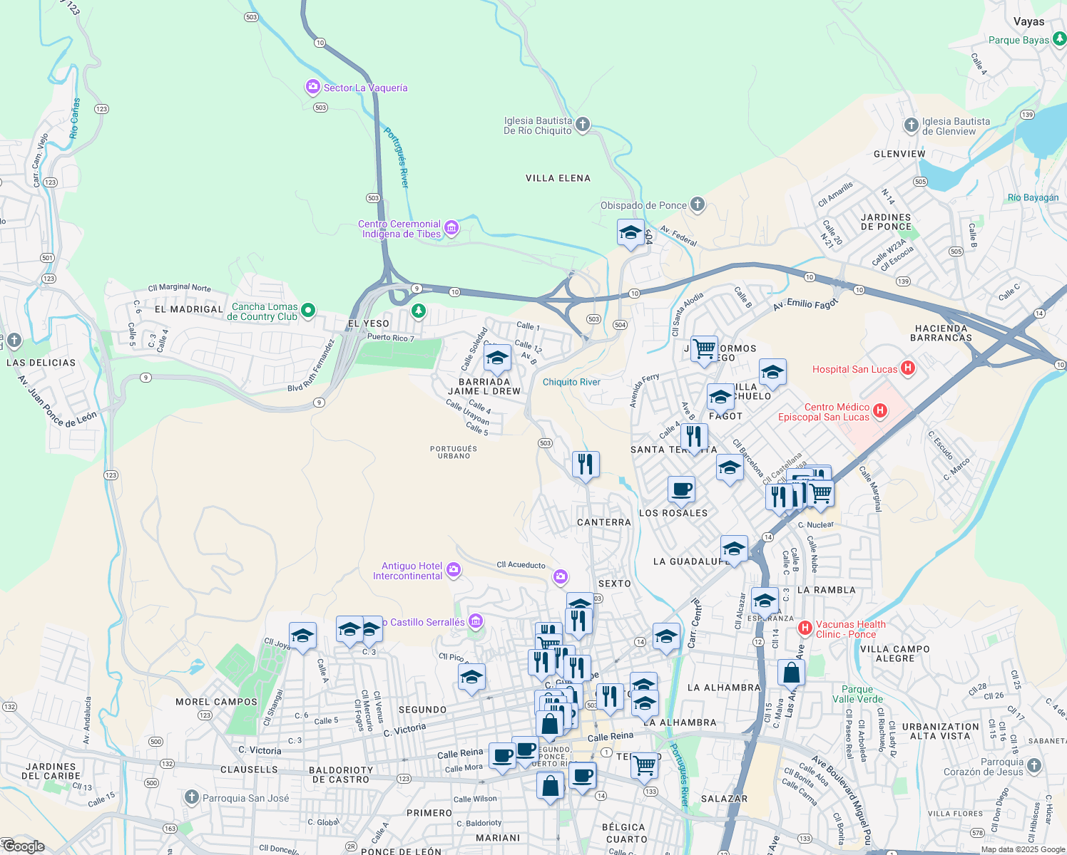 map of restaurants, bars, coffee shops, grocery stores, and more near #502 Com Ext el Yeso in Ponce