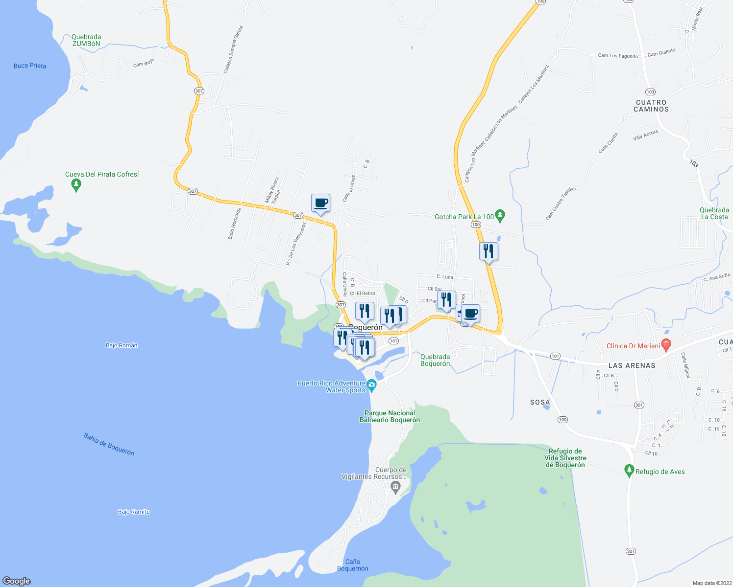 map of restaurants, bars, coffee shops, grocery stores, and more near Calle El Retiro in Cabo Rojo