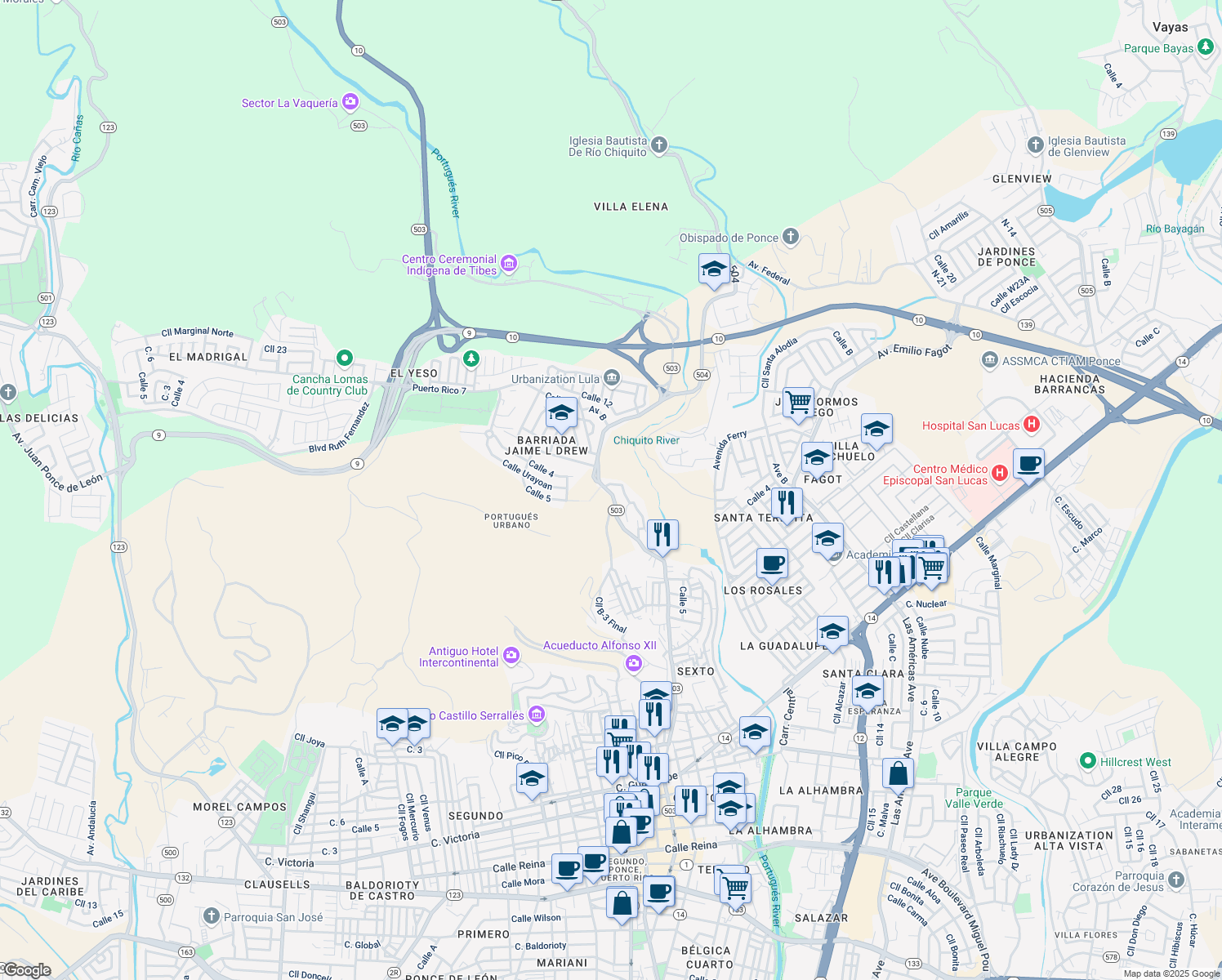 map of restaurants, bars, coffee shops, grocery stores, and more near #502 Com Ext el Yeso in Ponce