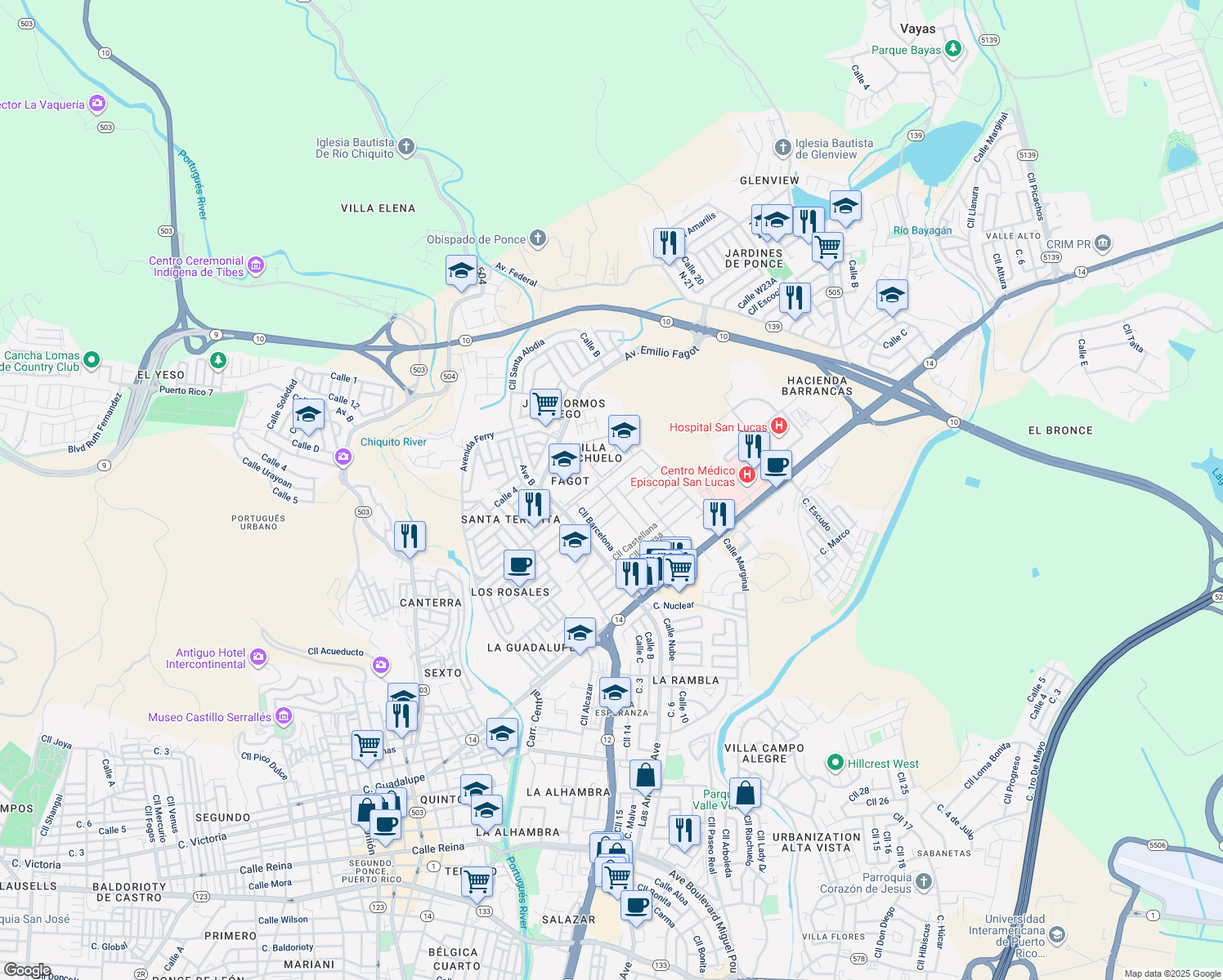 map of restaurants, bars, coffee shops, grocery stores, and more near 383-537 Calle Covadonga in Ponce