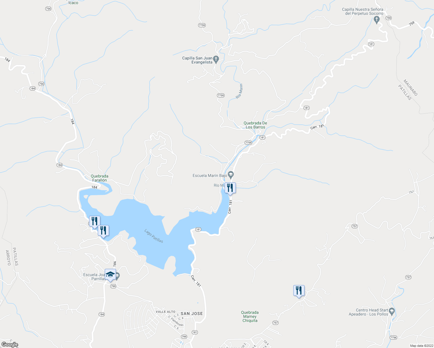 map of restaurants, bars, coffee shops, grocery stores, and more near Puerto Rico 181 in Patillas