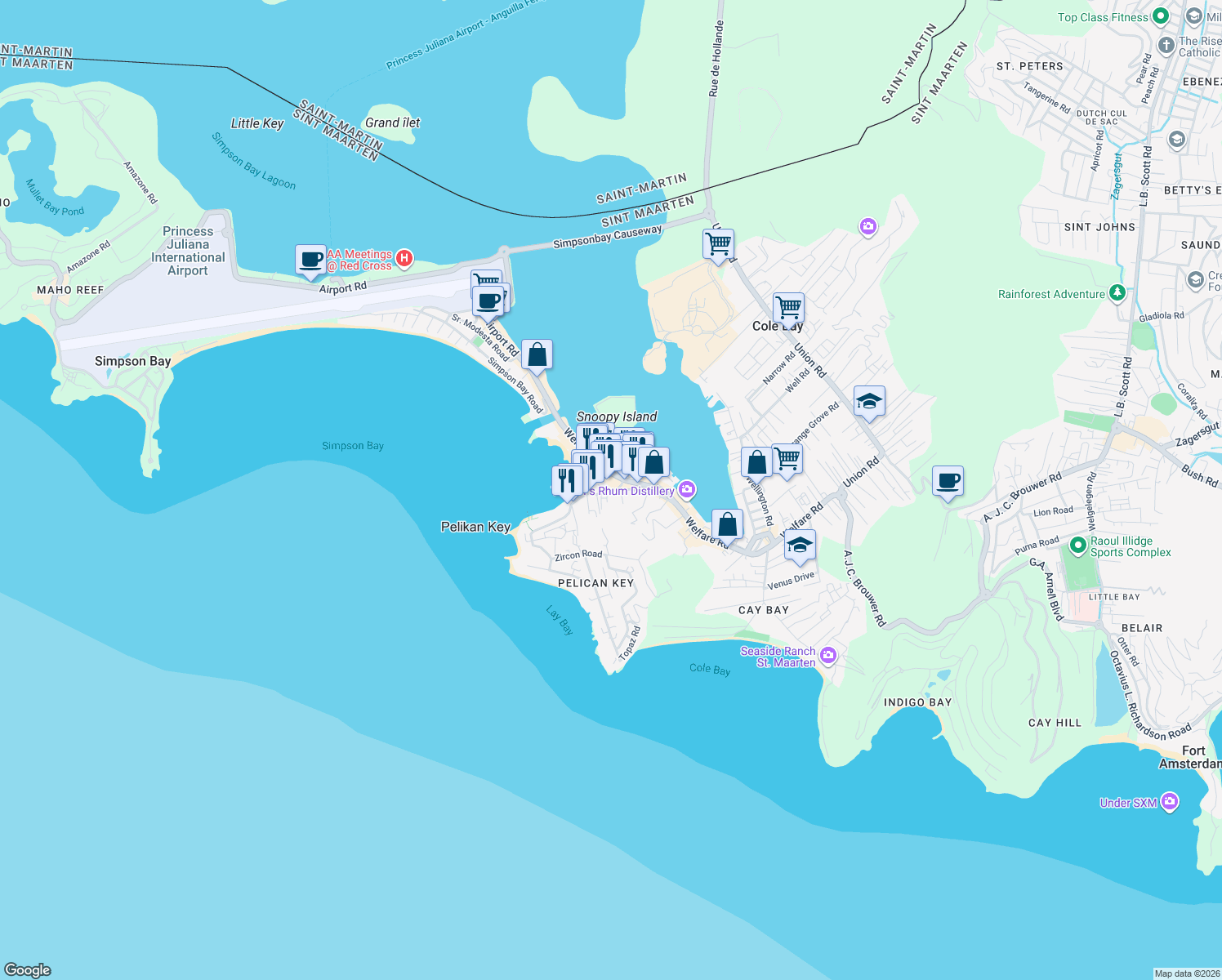 map of restaurants, bars, coffee shops, grocery stores, and more near 3d Billy Folly Road in Simpson Bay
