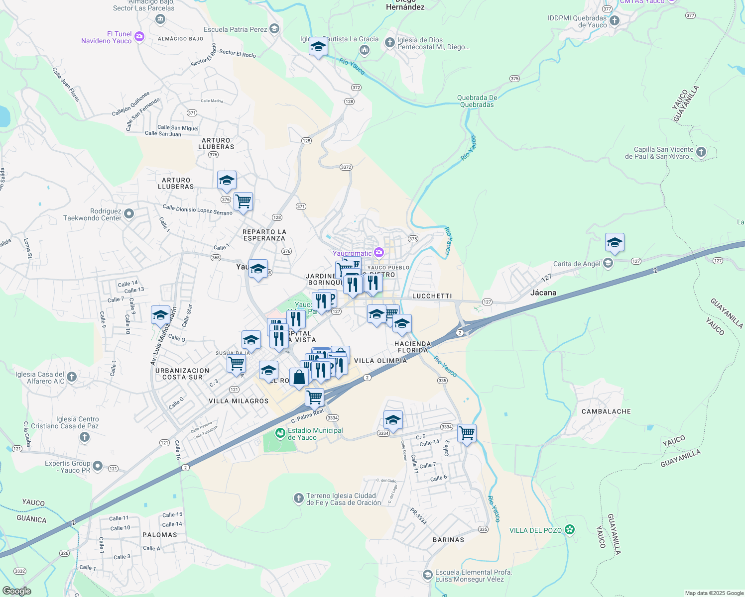 map of restaurants, bars, coffee shops, grocery stores, and more near Calle 25 de Julio in Yauco