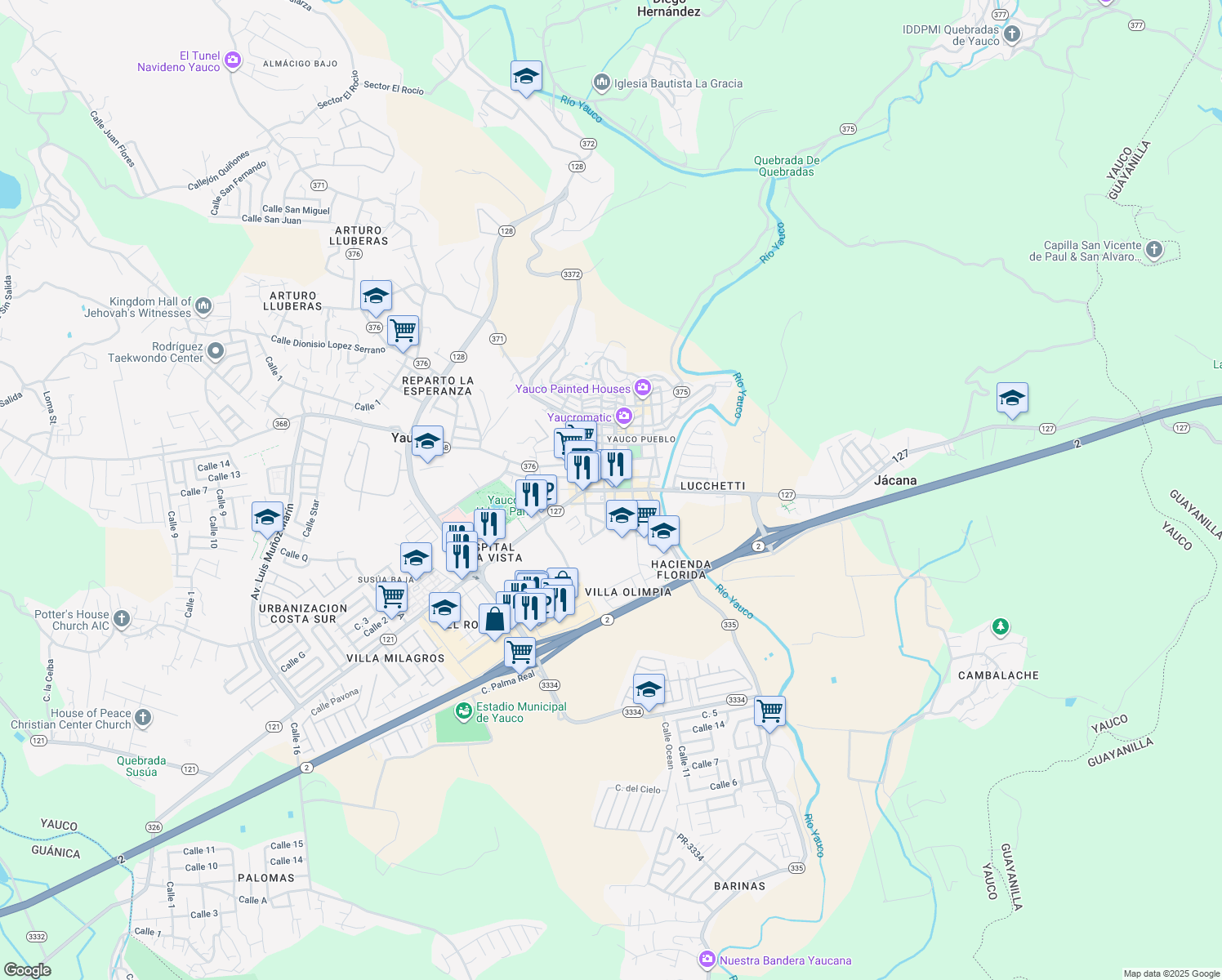 map of restaurants, bars, coffee shops, grocery stores, and more near State 127 in Yauco