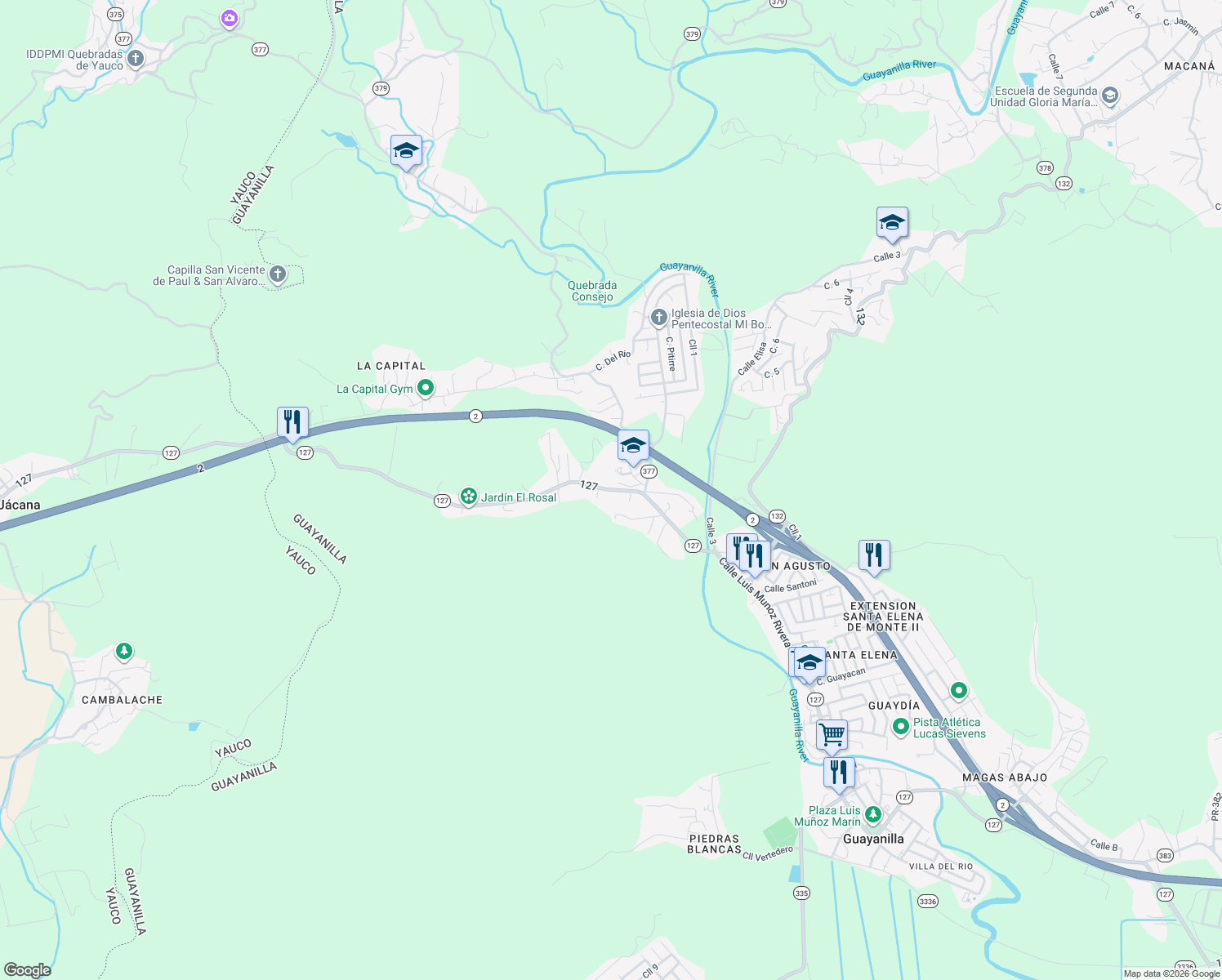 map of restaurants, bars, coffee shops, grocery stores, and more near Puerto Rico 127 in Guayanilla