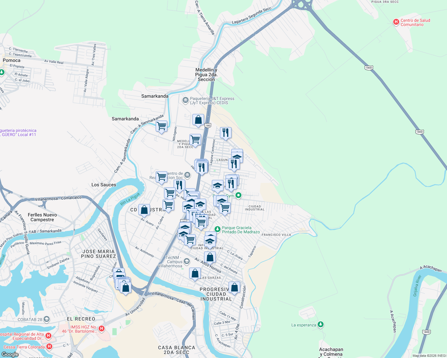 map of restaurants, bars, coffee shops, grocery stores, and more near La Venta Poniente in Villahermosa