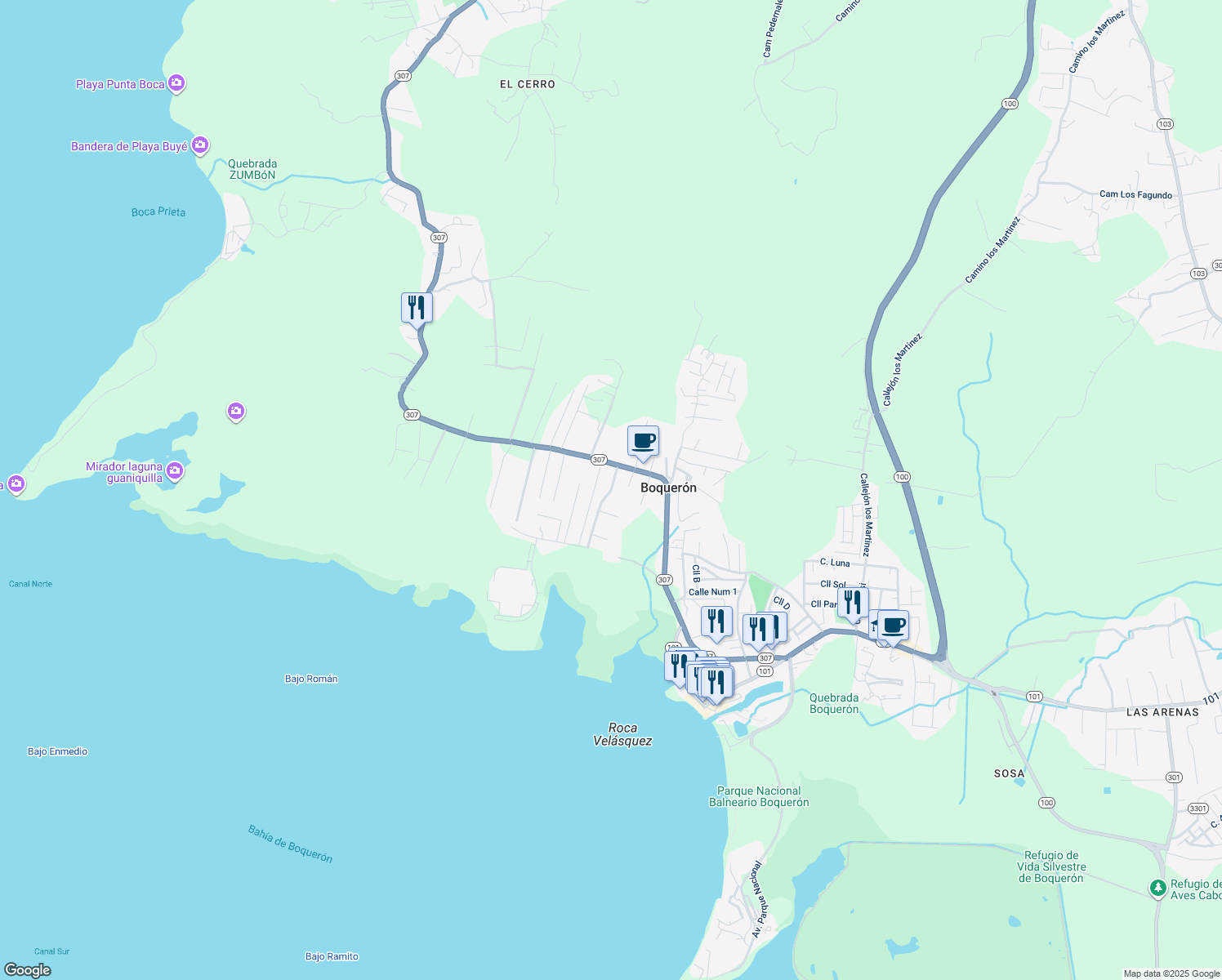 map of restaurants, bars, coffee shops, grocery stores, and more near Paseo De Los Veteranos in Cabo Rojo