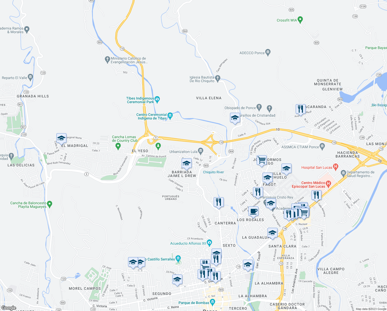 map of restaurants, bars, coffee shops, grocery stores, and more near Calle 5 in Ponce