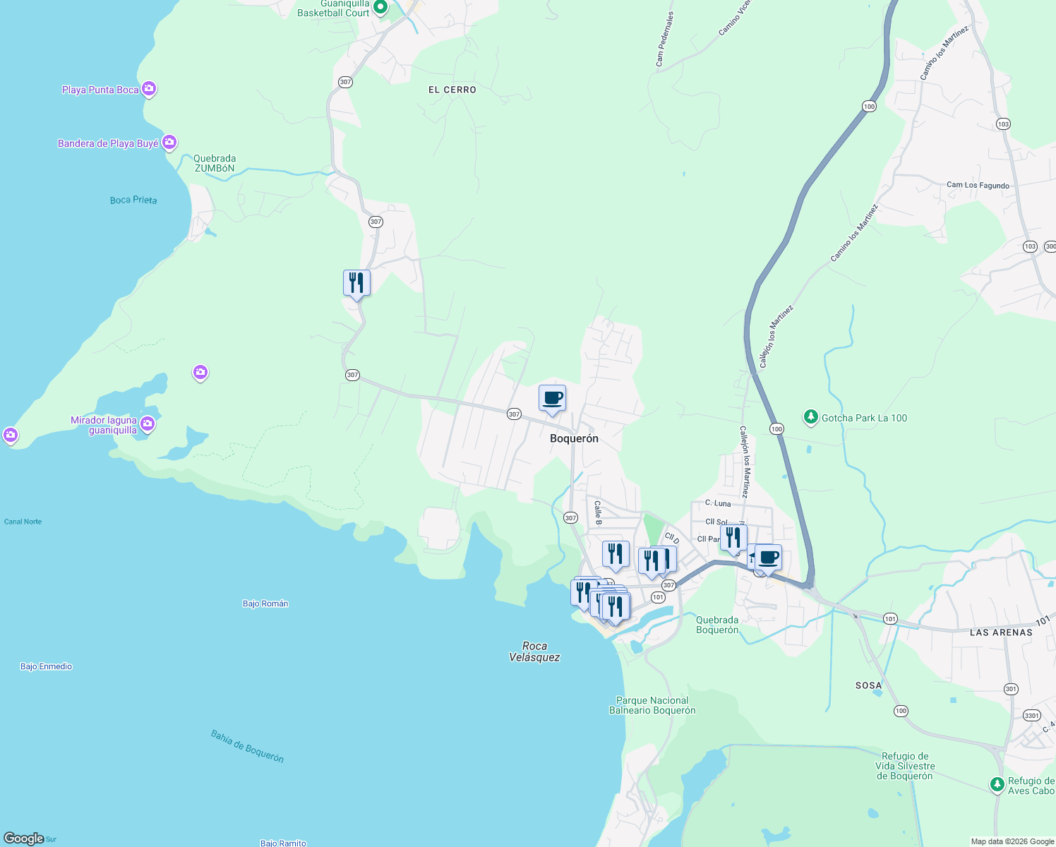 map of restaurants, bars, coffee shops, grocery stores, and more near Paseo De Los Veteranos in Cabo Rojo
