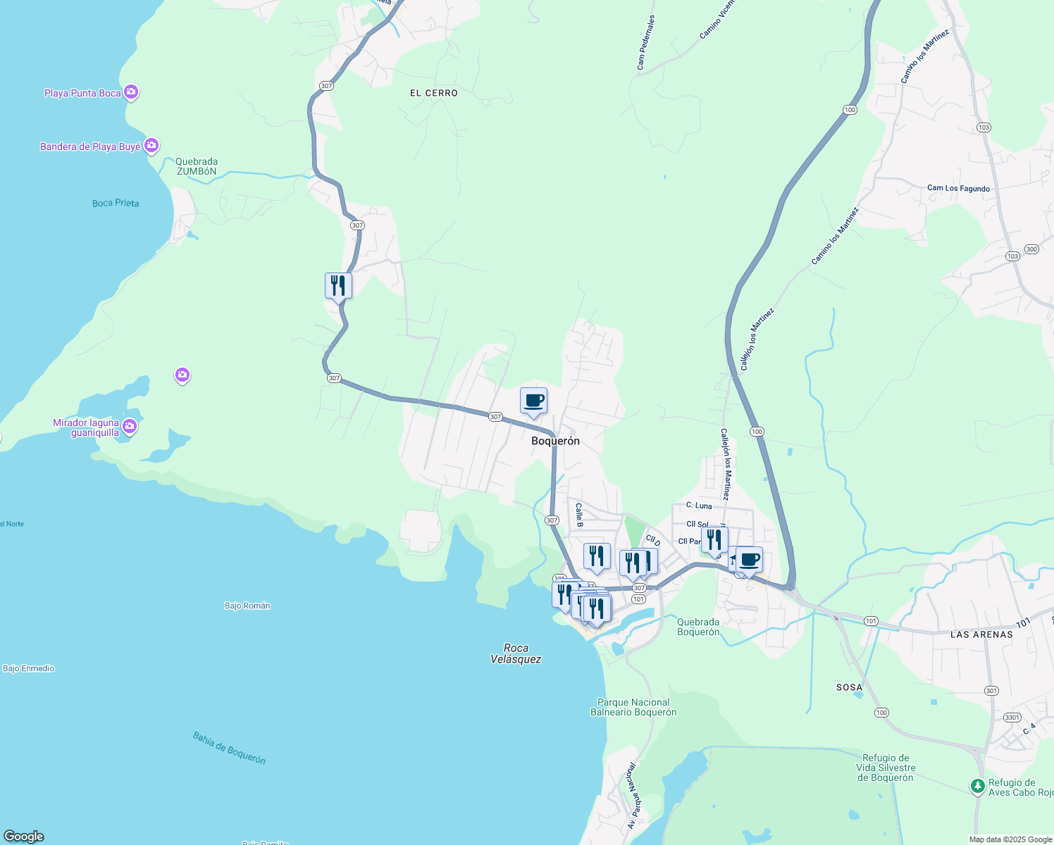 map of restaurants, bars, coffee shops, grocery stores, and more near Paseo De Los Veteranos in Cabo Rojo