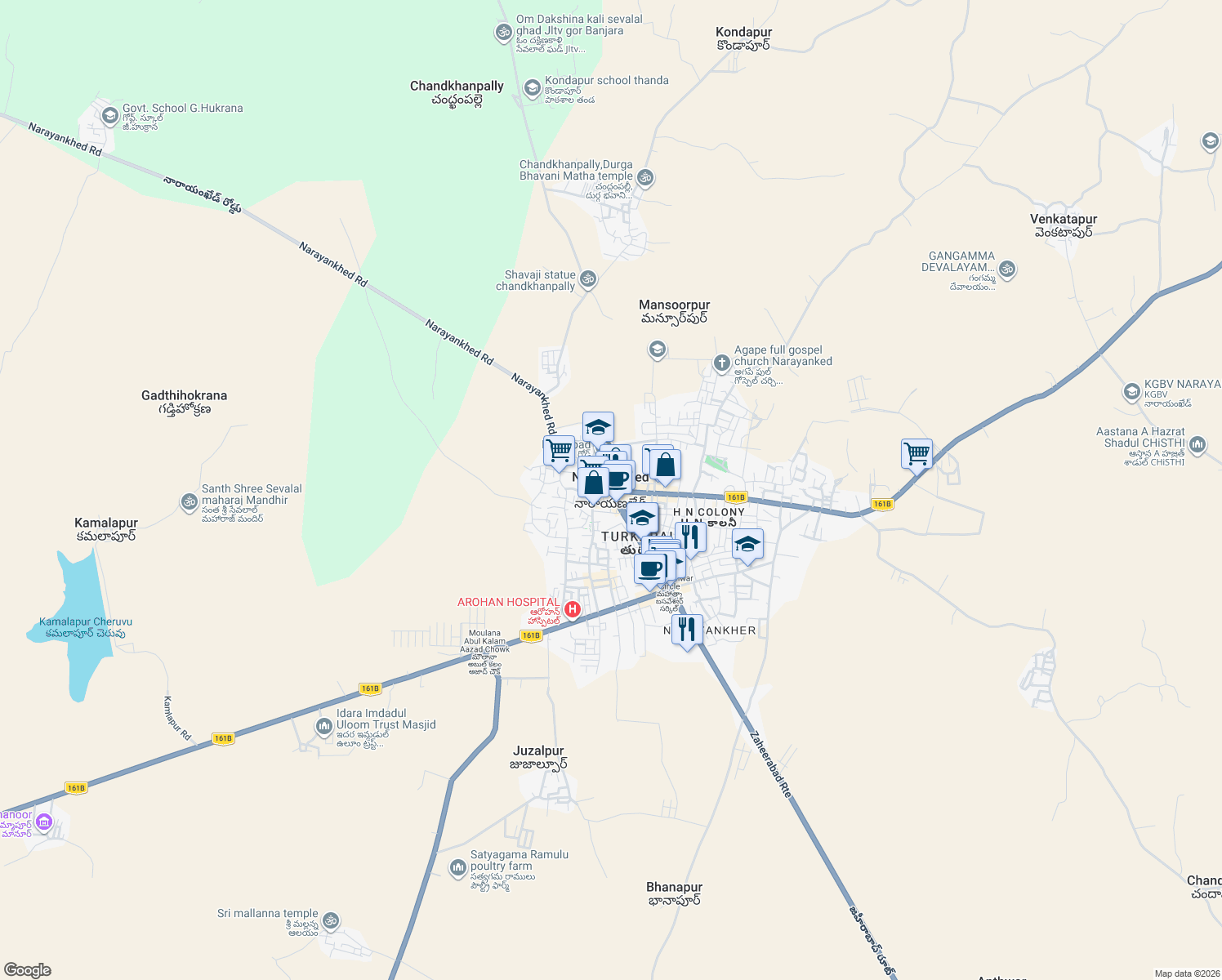 map of restaurants, bars, coffee shops, grocery stores, and more near in Narayankhed (CT)