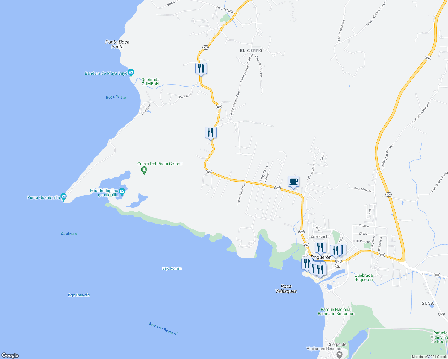 map of restaurants, bars, coffee shops, grocery stores, and more near Puerto Rico 307 in Cabo Rojo