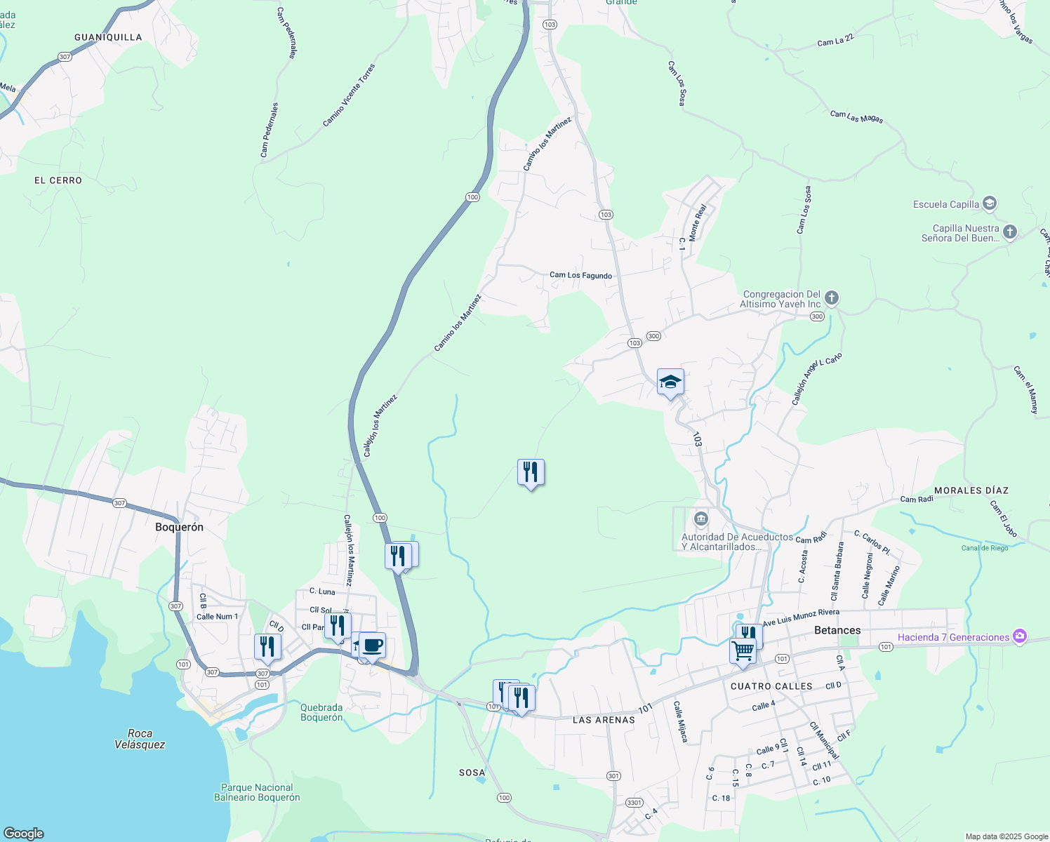 map of restaurants, bars, coffee shops, grocery stores, and more near Calle Clarita in Cabo Rojo