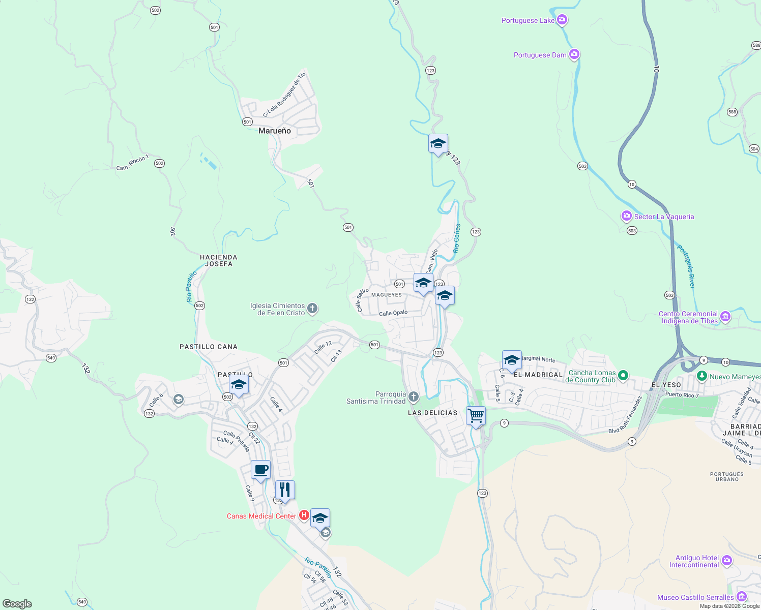 map of restaurants, bars, coffee shops, grocery stores, and more near 100 Calle Topacio in Ponce