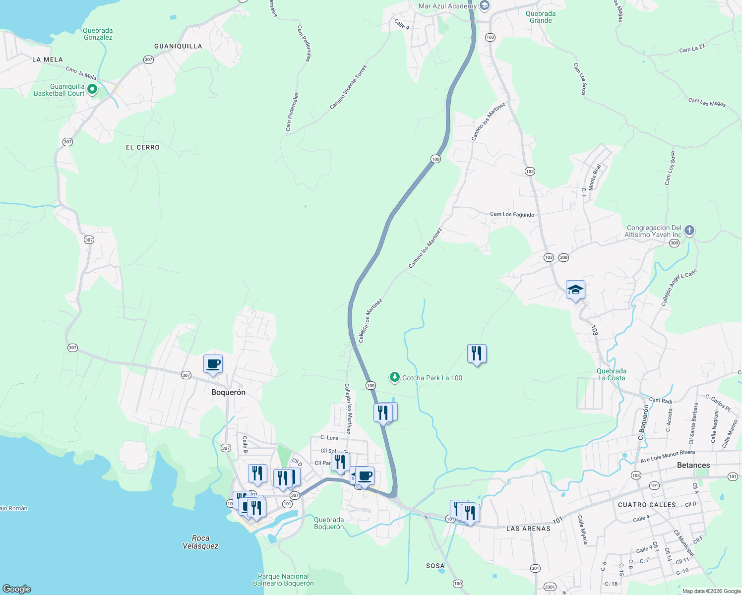 map of restaurants, bars, coffee shops, grocery stores, and more near in Boquerón