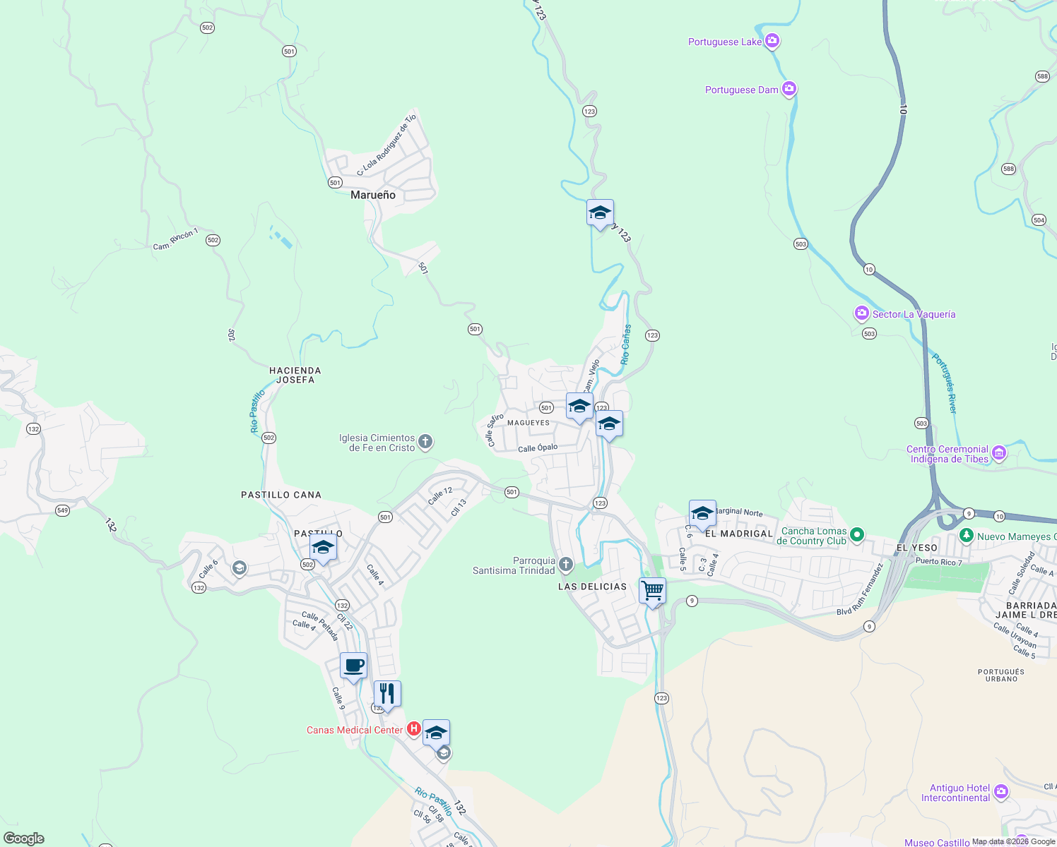 map of restaurants, bars, coffee shops, grocery stores, and more near 100 Calle Topacio in Ponce