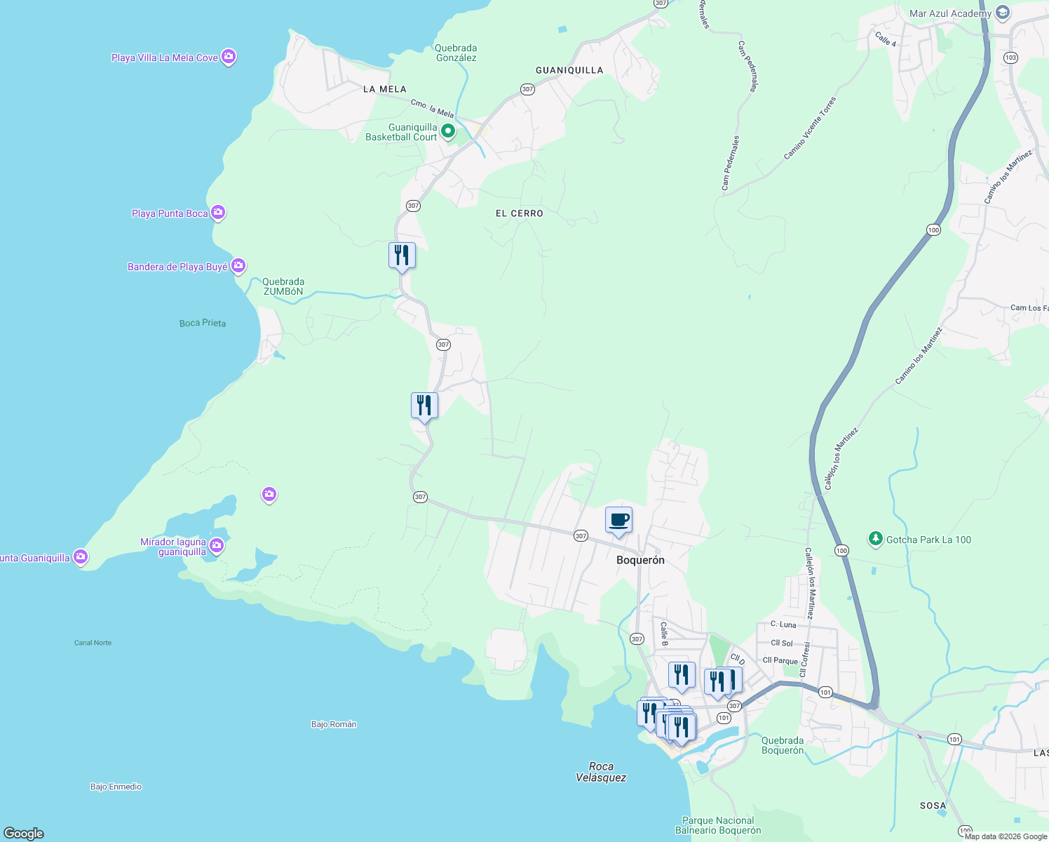 map of restaurants, bars, coffee shops, grocery stores, and more near in Boquerón