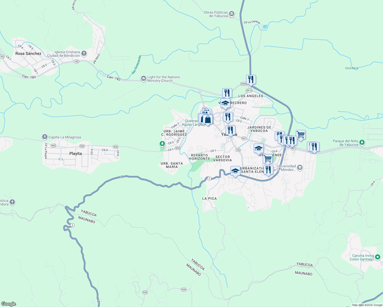 map of restaurants, bars, coffee shops, grocery stores, and more near Calle 1 in Yabucoa