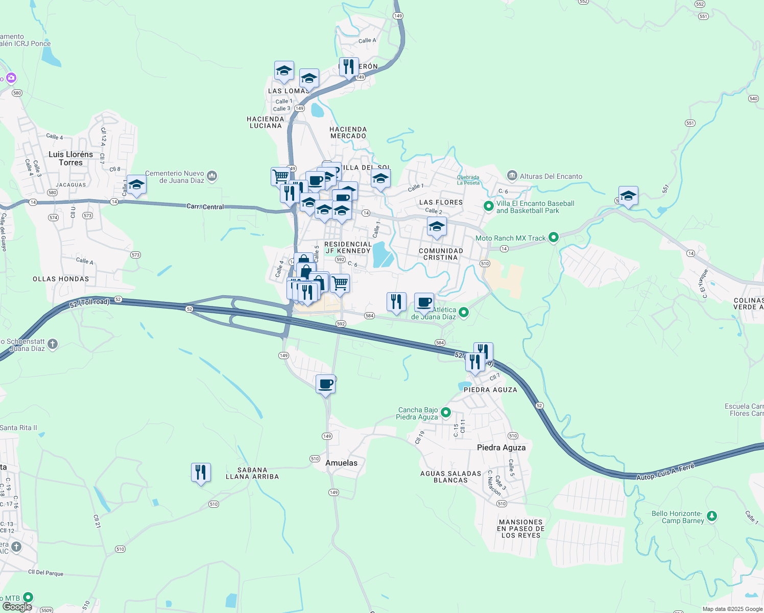 map of restaurants, bars, coffee shops, grocery stores, and more near 500 Calle Desvio Victor Cruz in Juana Díaz