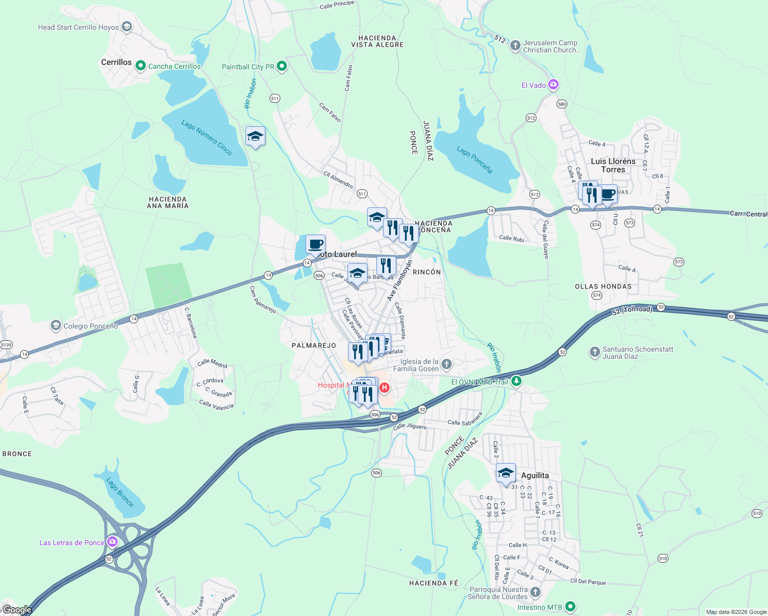 map of restaurants, bars, coffee shops, grocery stores, and more near Avenue Flamboyán in Coto Laurel