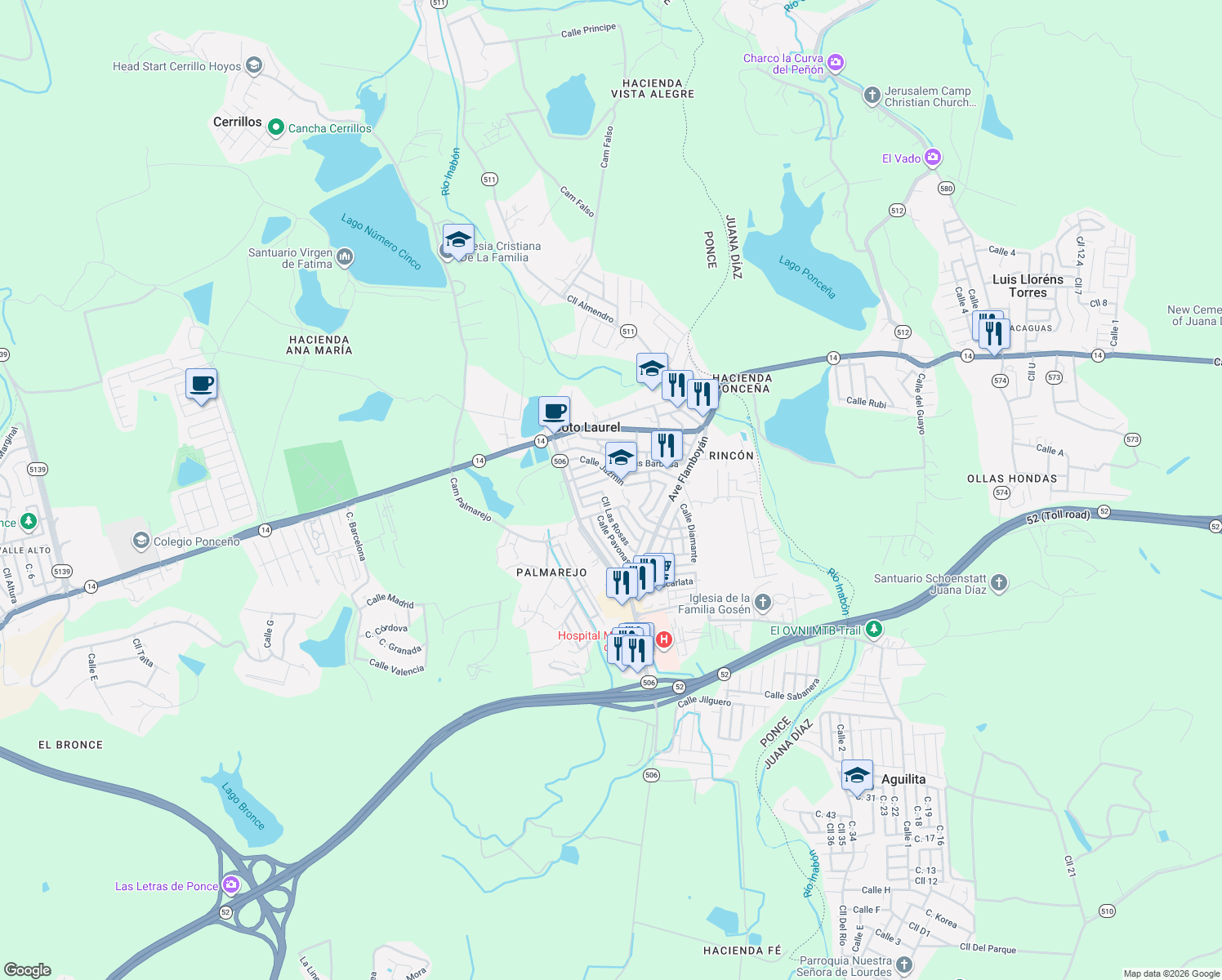 map of restaurants, bars, coffee shops, grocery stores, and more near in Coto Laurel