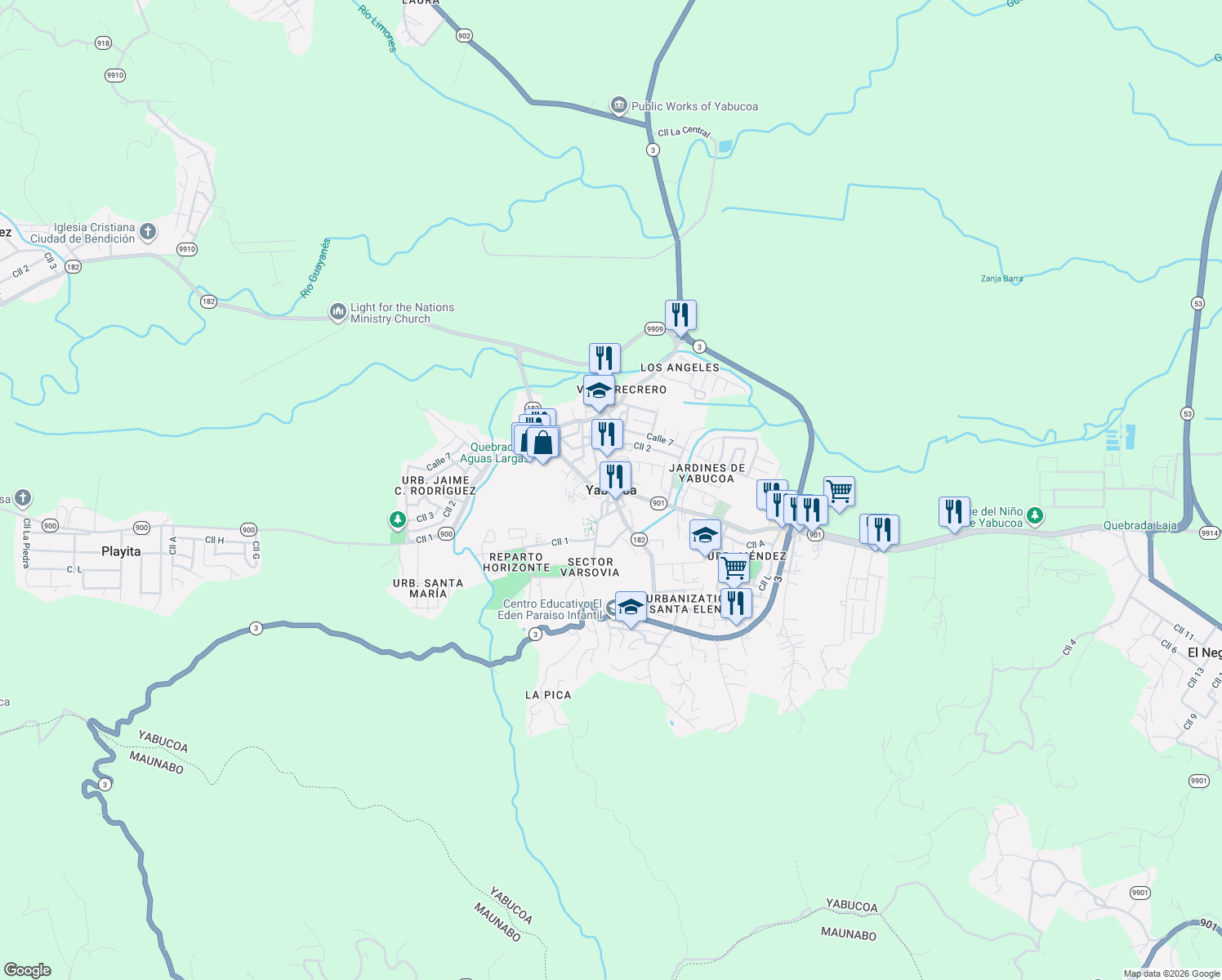 map of restaurants, bars, coffee shops, grocery stores, and more near in Yabucoa