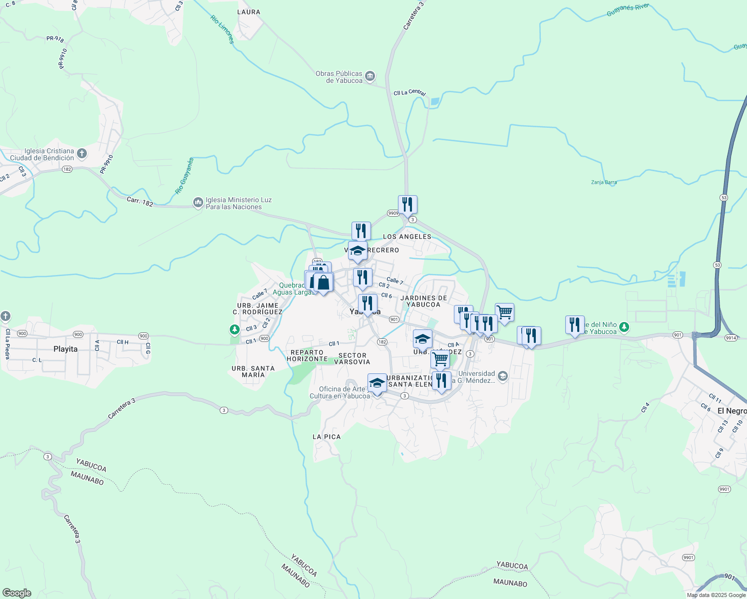 map of restaurants, bars, coffee shops, grocery stores, and more near Calle E in Yabucoa