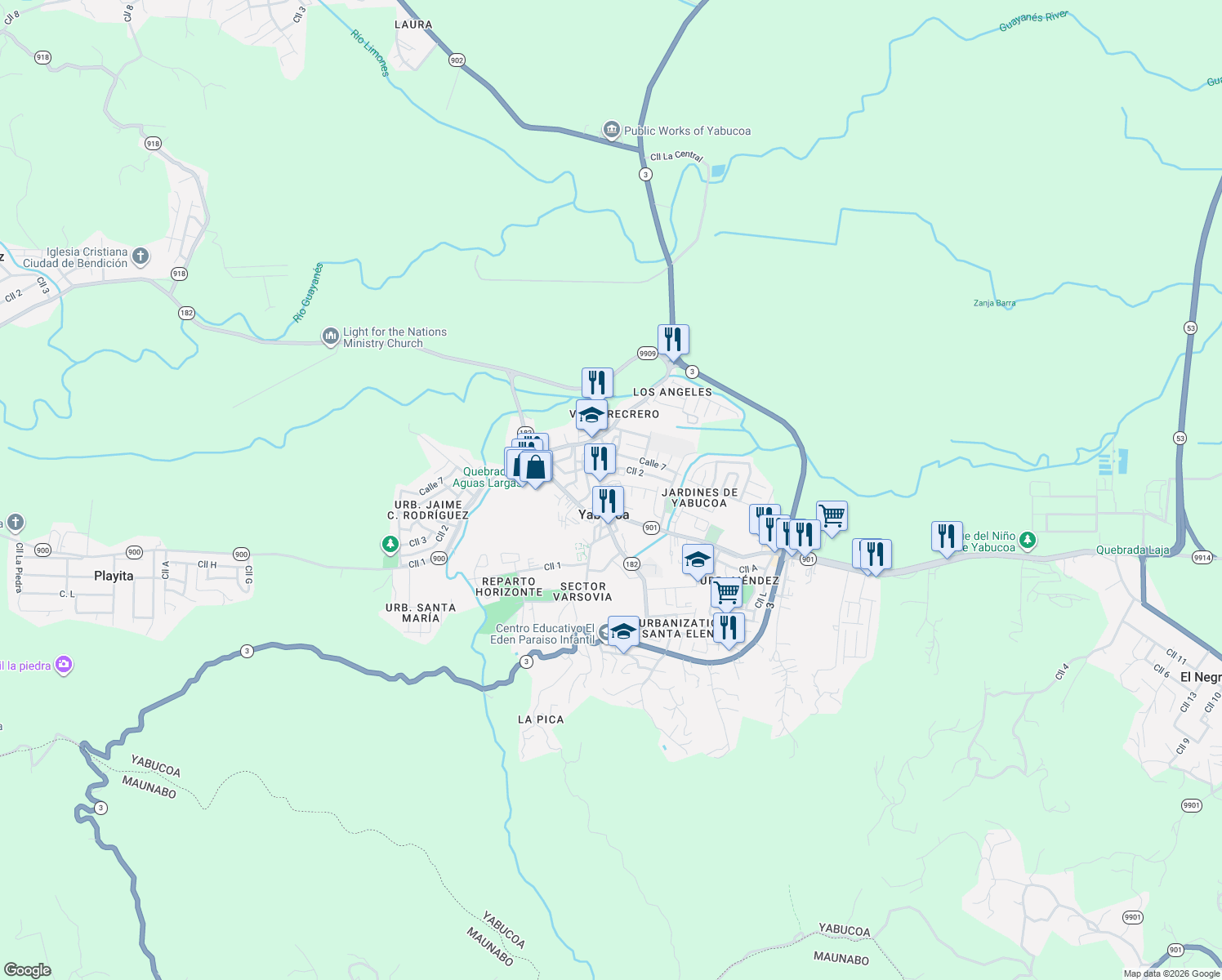 map of restaurants, bars, coffee shops, grocery stores, and more near 49-51 Calle Cristobal Colon in Yabucoa