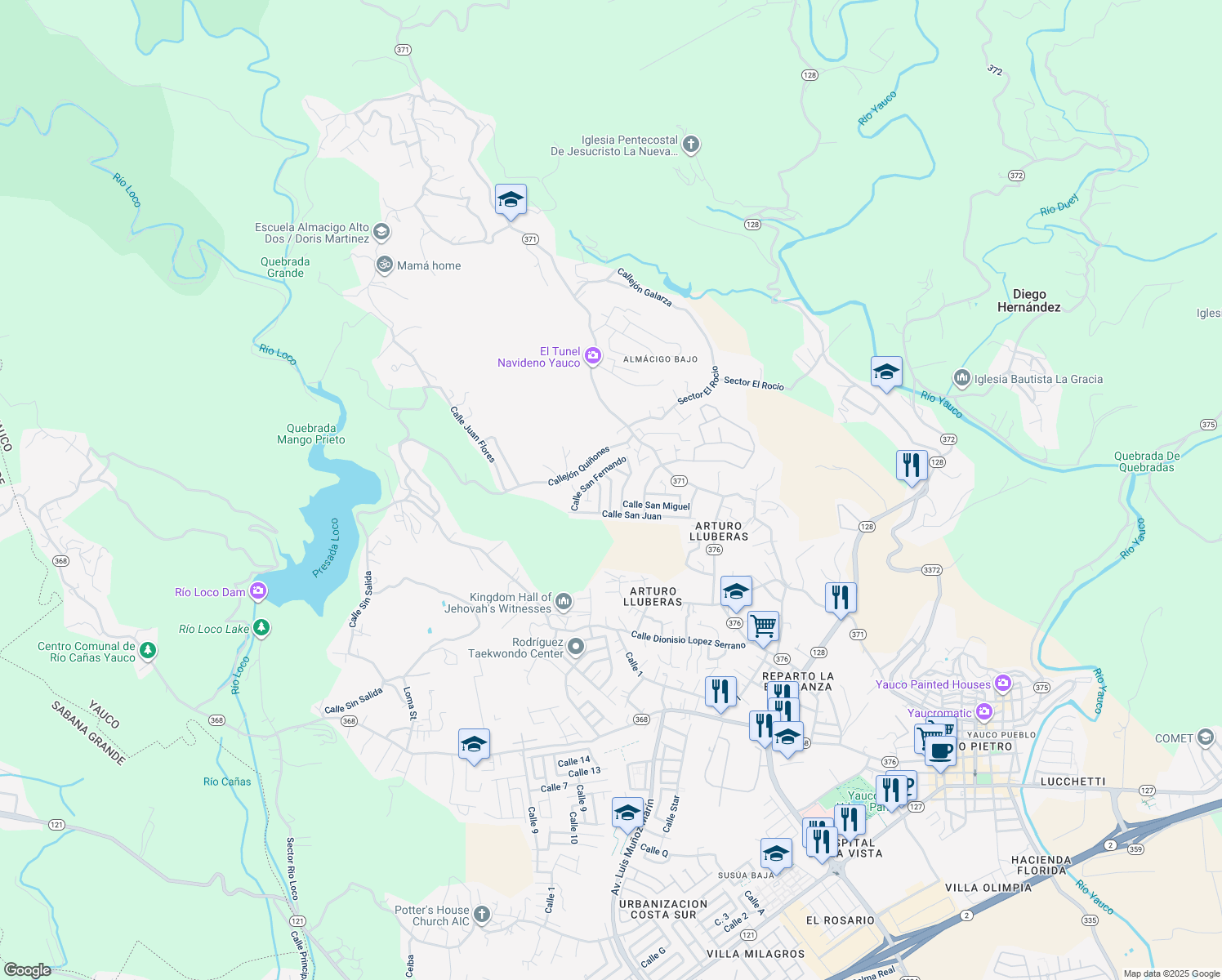map of restaurants, bars, coffee shops, grocery stores, and more near Calle San Rafael in Yauco