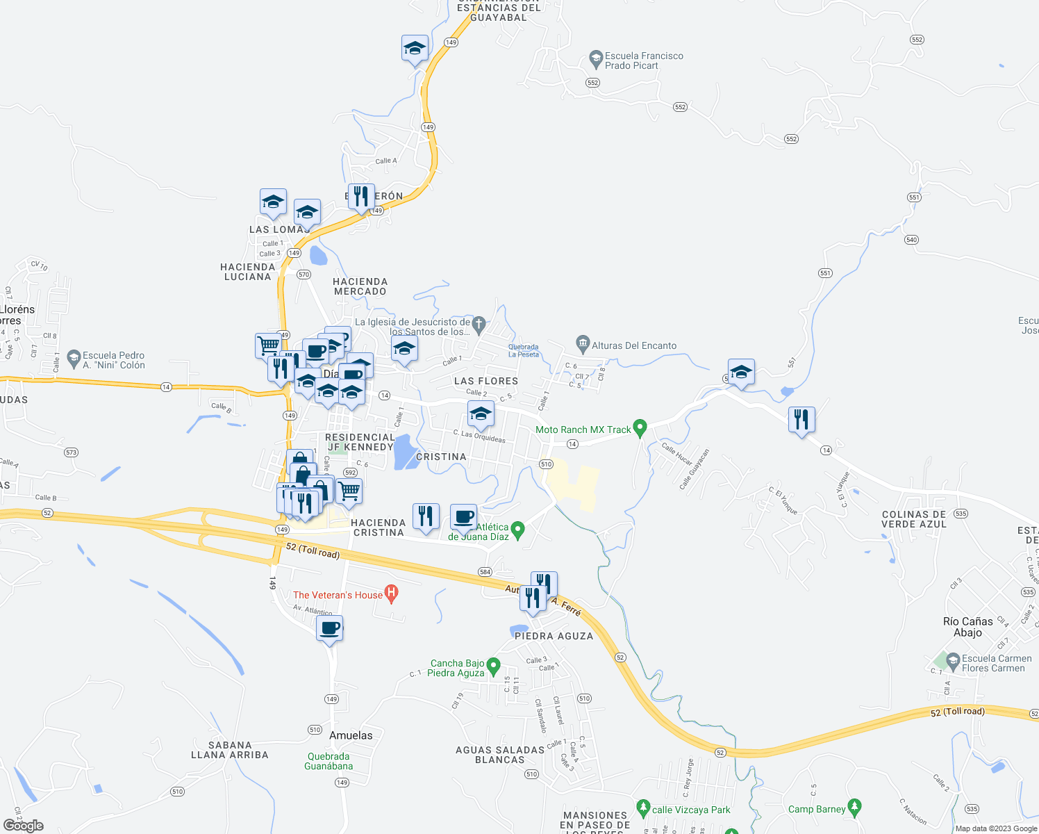map of restaurants, bars, coffee shops, grocery stores, and more near 86 Calle Comercio in Juana Díaz