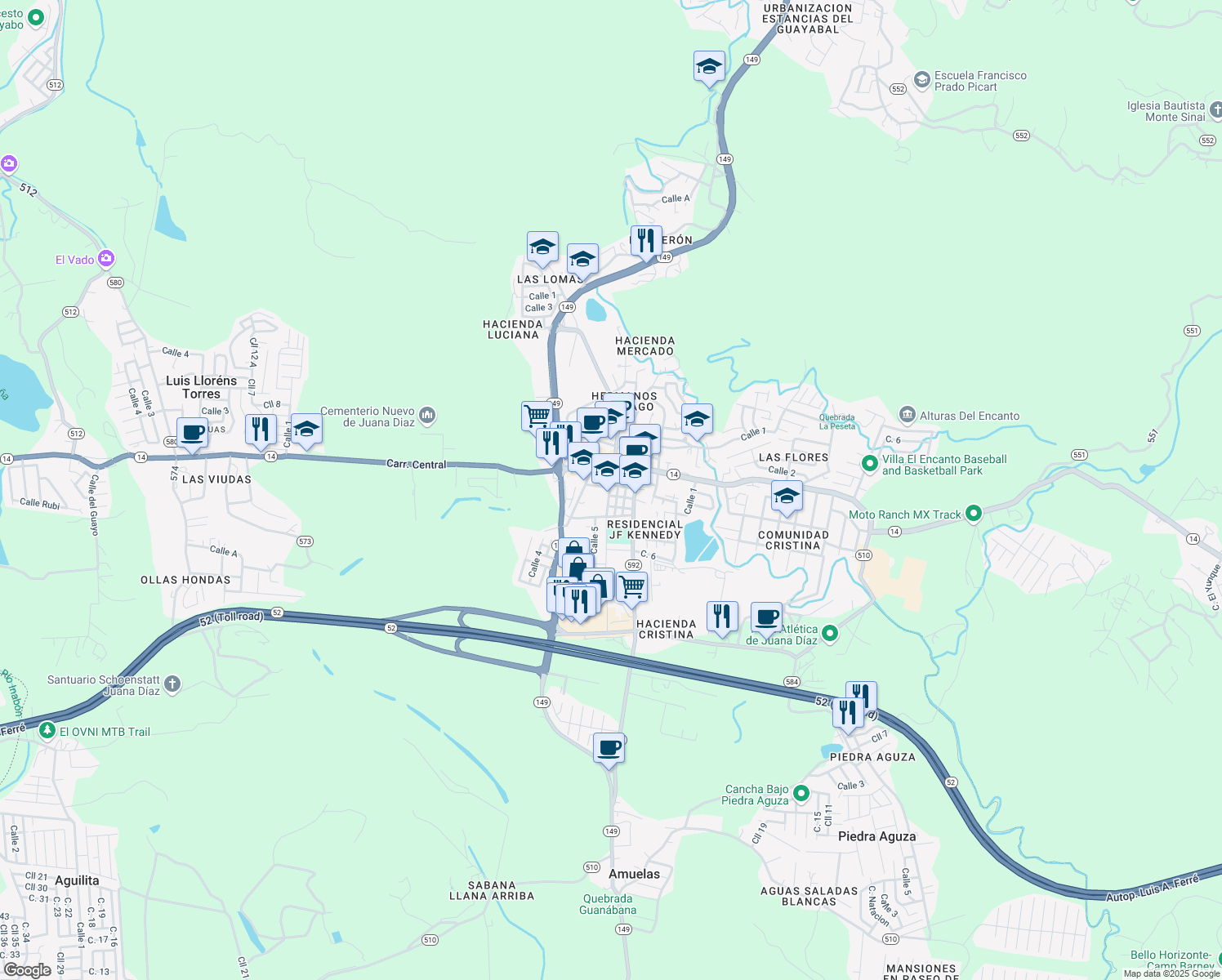 map of restaurants, bars, coffee shops, grocery stores, and more near in Juana Díaz