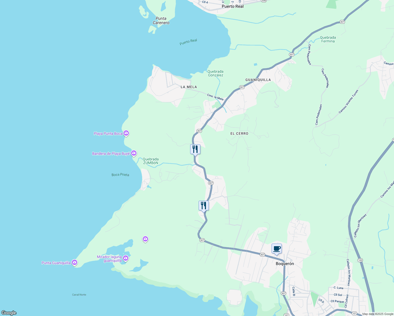 map of restaurants, bars, coffee shops, grocery stores, and more near Puerto Rico 307 in Cabo Rojo