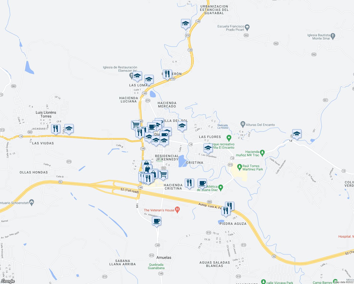map of restaurants, bars, coffee shops, grocery stores, and more near 86 Calle Comercio in Juana Díaz