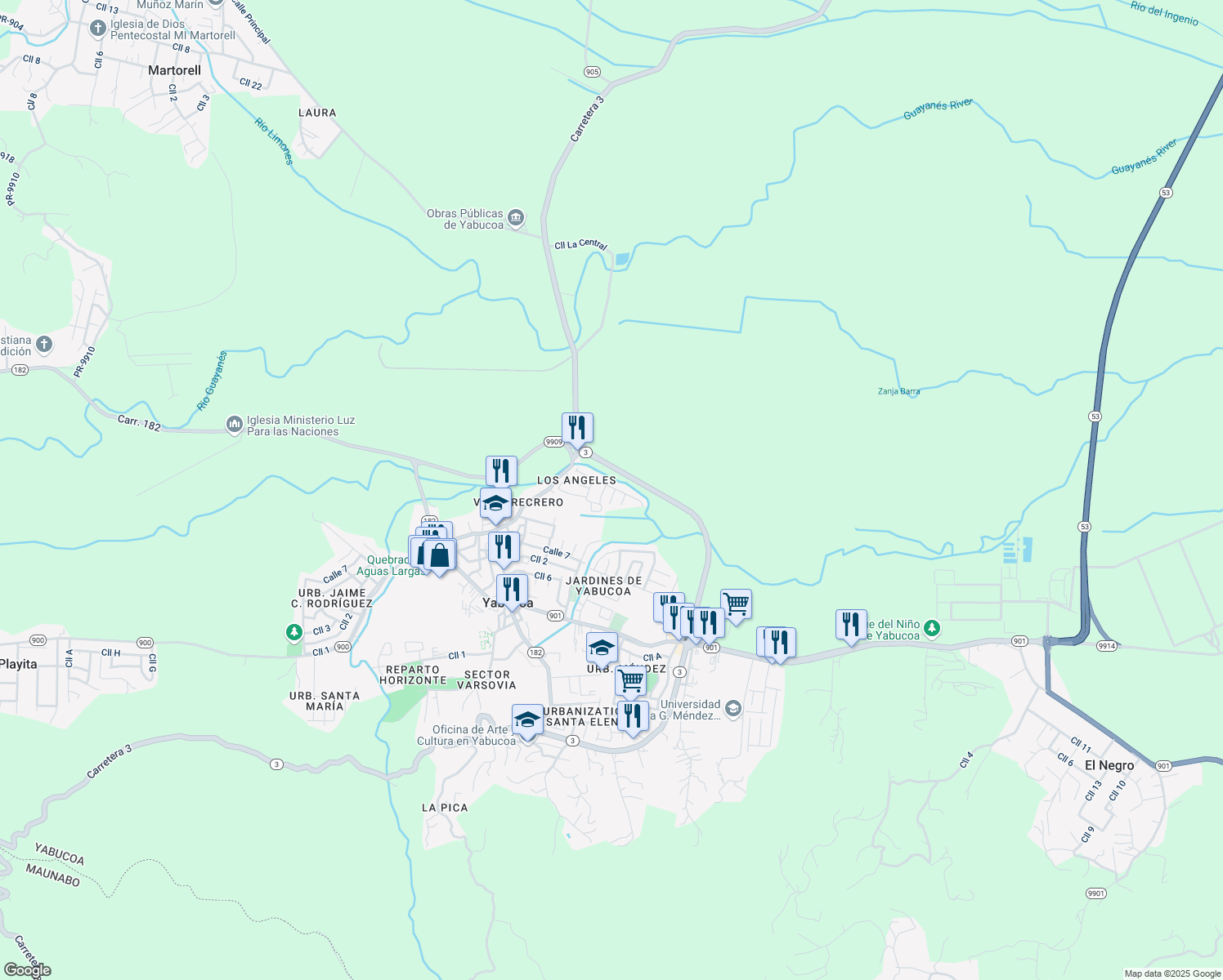 map of restaurants, bars, coffee shops, grocery stores, and more near Calle E in Yabucoa